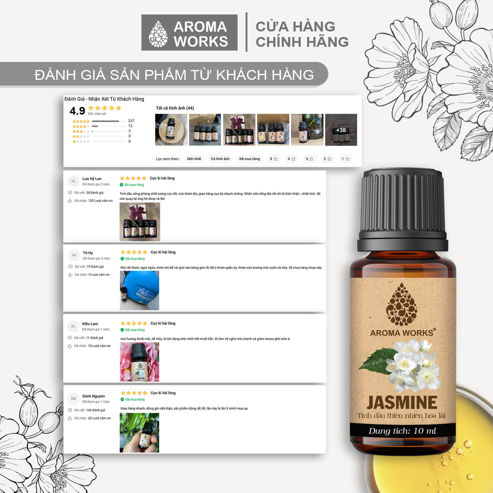 Tinh Dầu Hoa Lài Thơm Phòng, Thư Giãn, Giúp Dễ Ngủ, Giảm Áp Lực, Khử Mùi Aroma Works Jasmine