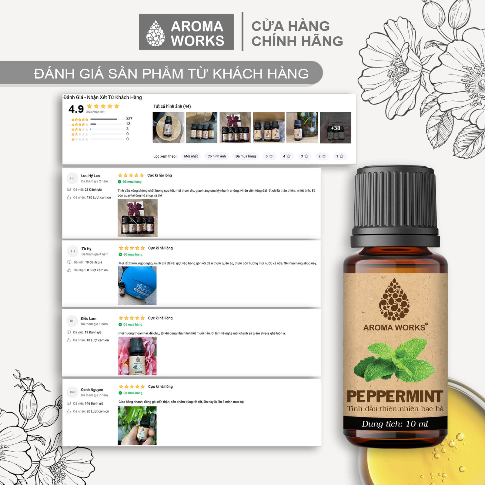 Tinh Dầu Bạc Hà Xông Phòng, Khử Mùi, Thanh Lọc Không Khí, Thoải Mái, Tỉnh Táo Aroma Works Peppermint