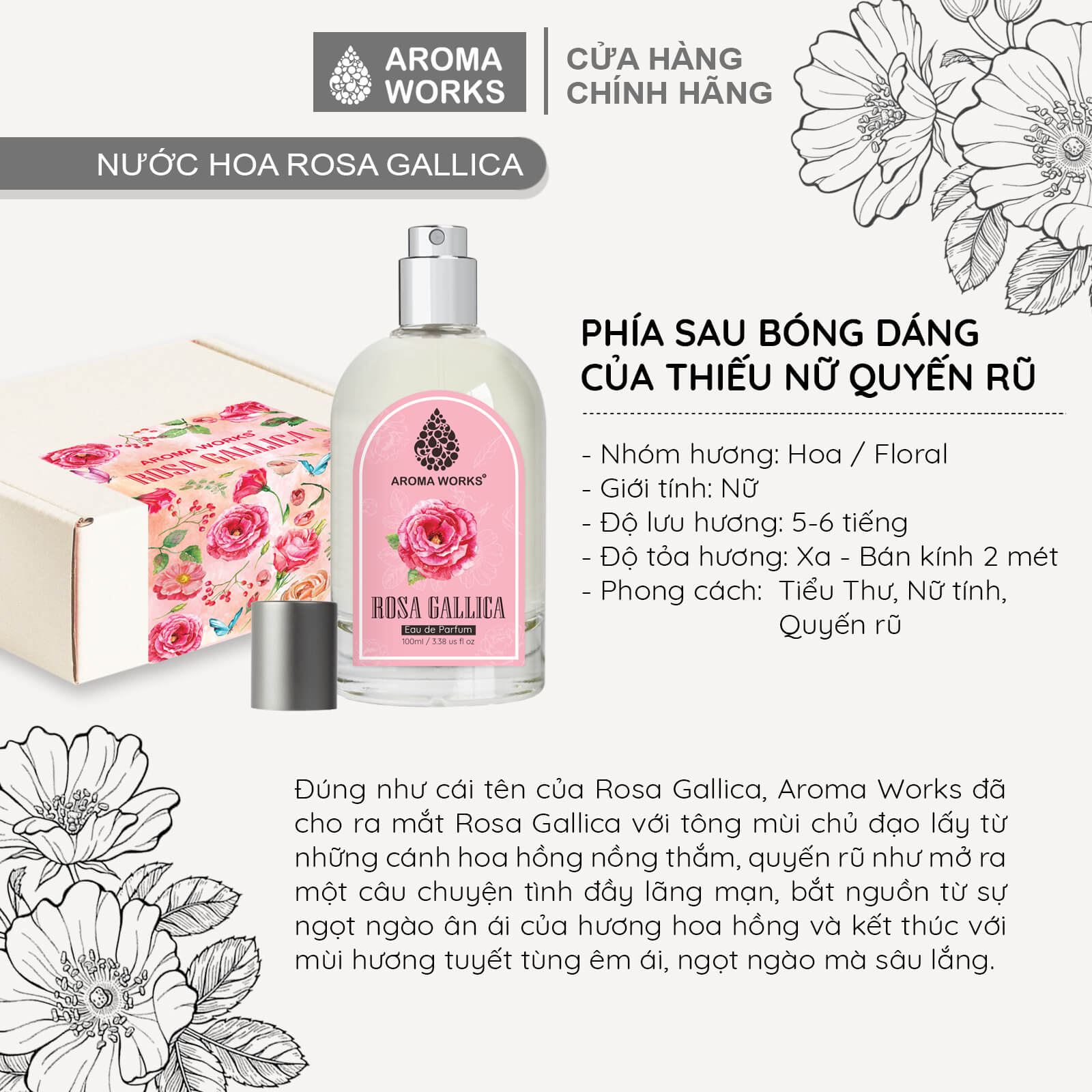 Nước hoa tinh dầu Aroma Works Rosa Gallica Eau De Parfum lưu hương lâu