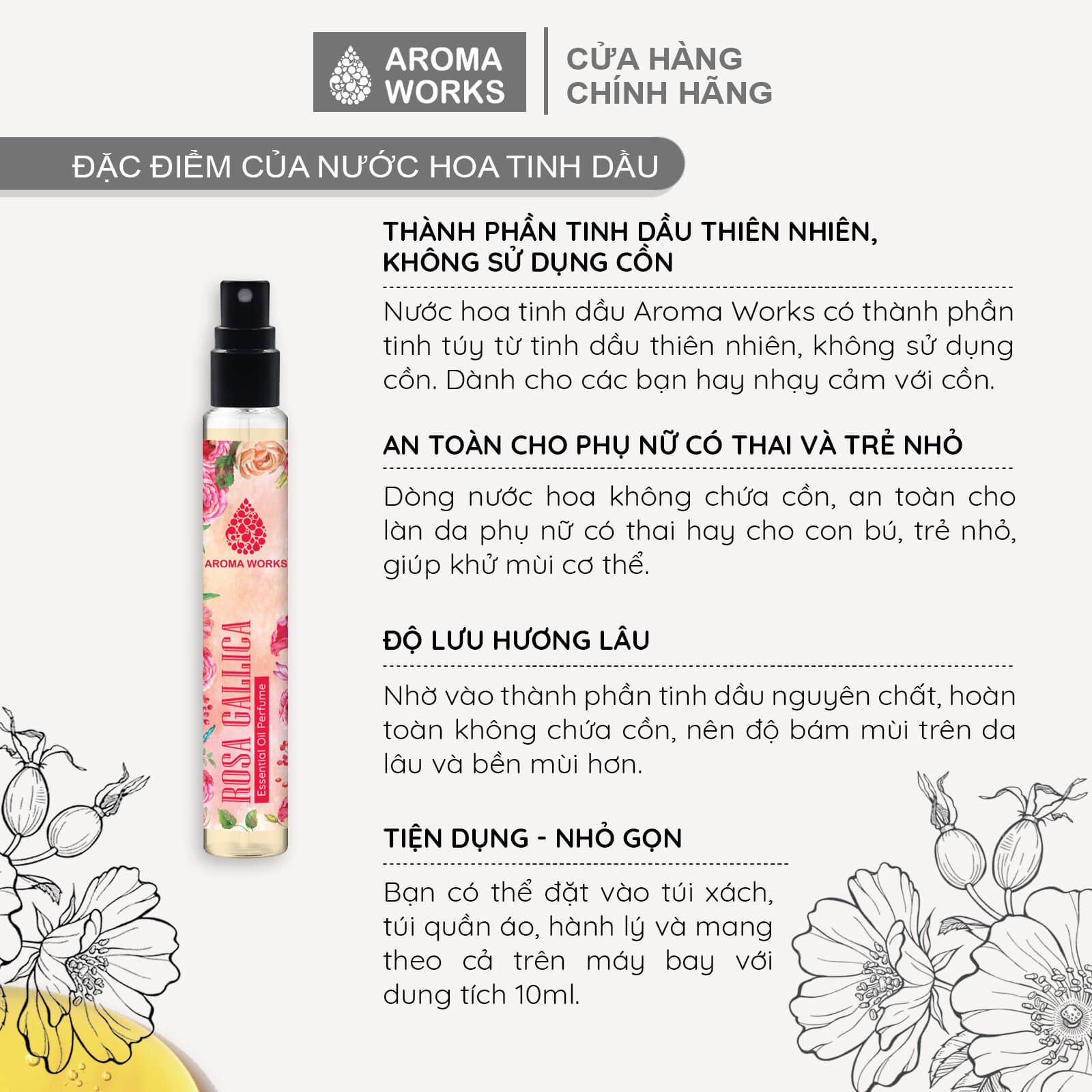 Tinh dầu nước hoa không cồn, lưu hương lâu Aroma Works Rosa Gallica Essential Oil Perfume 10ml