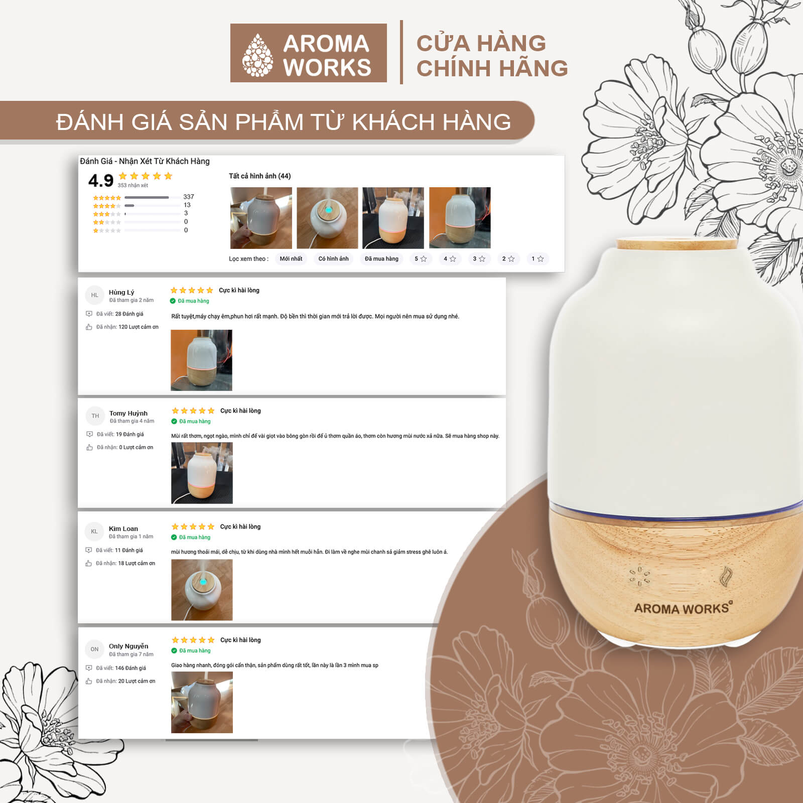 Máy xông tinh dầu Aroma Works xông phòng làm đèn ngủ, giúp khử mùi, đuổi muỗi, thanh lọc không khí, dễ ngủ