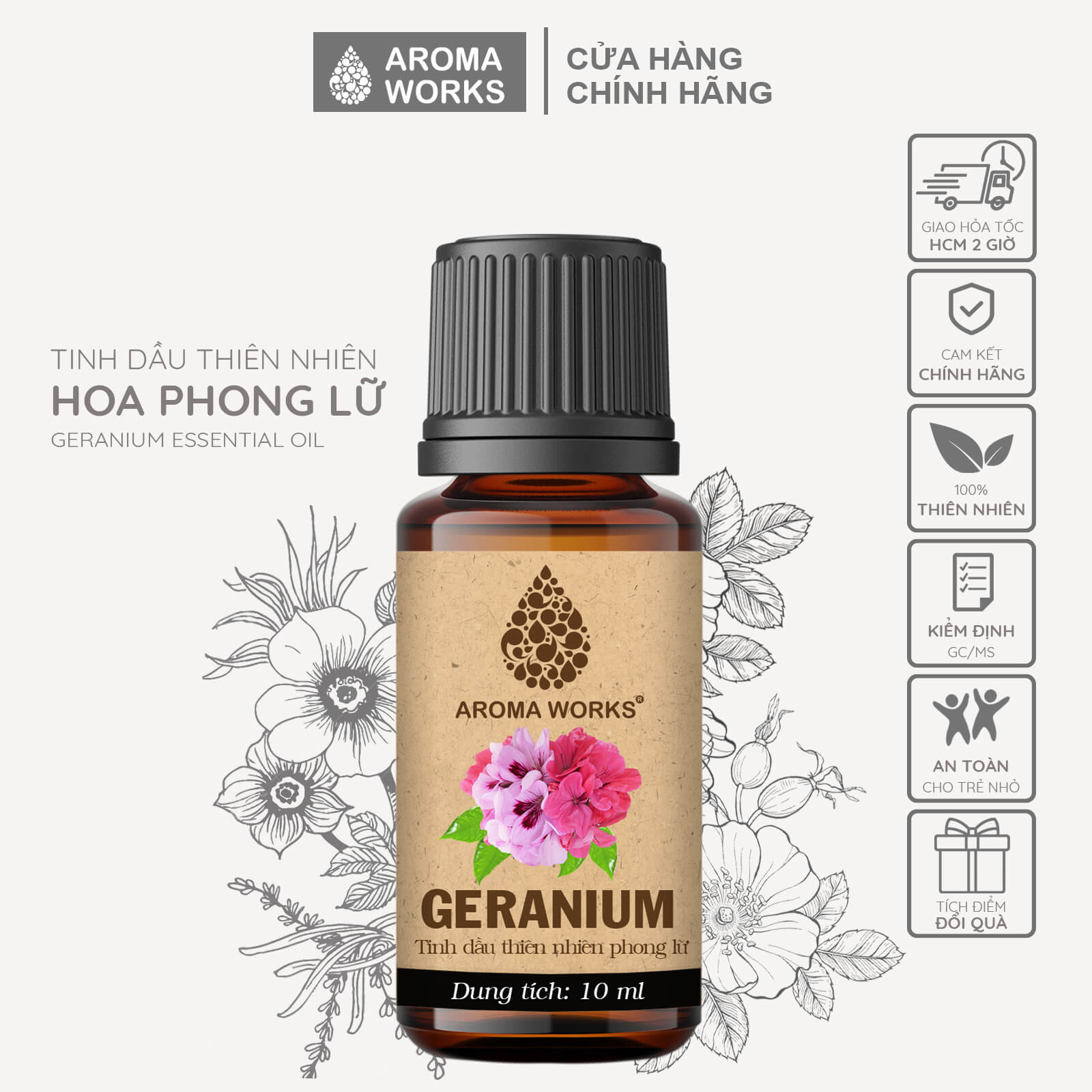 Tinh Dầu Phong Lữ Thơm Phòng, Khử Mùi, Thanh Lọc Không Khí, Giảm Áp Lực Thiên Nhiên Phong Lữ Aroma Works Geranium