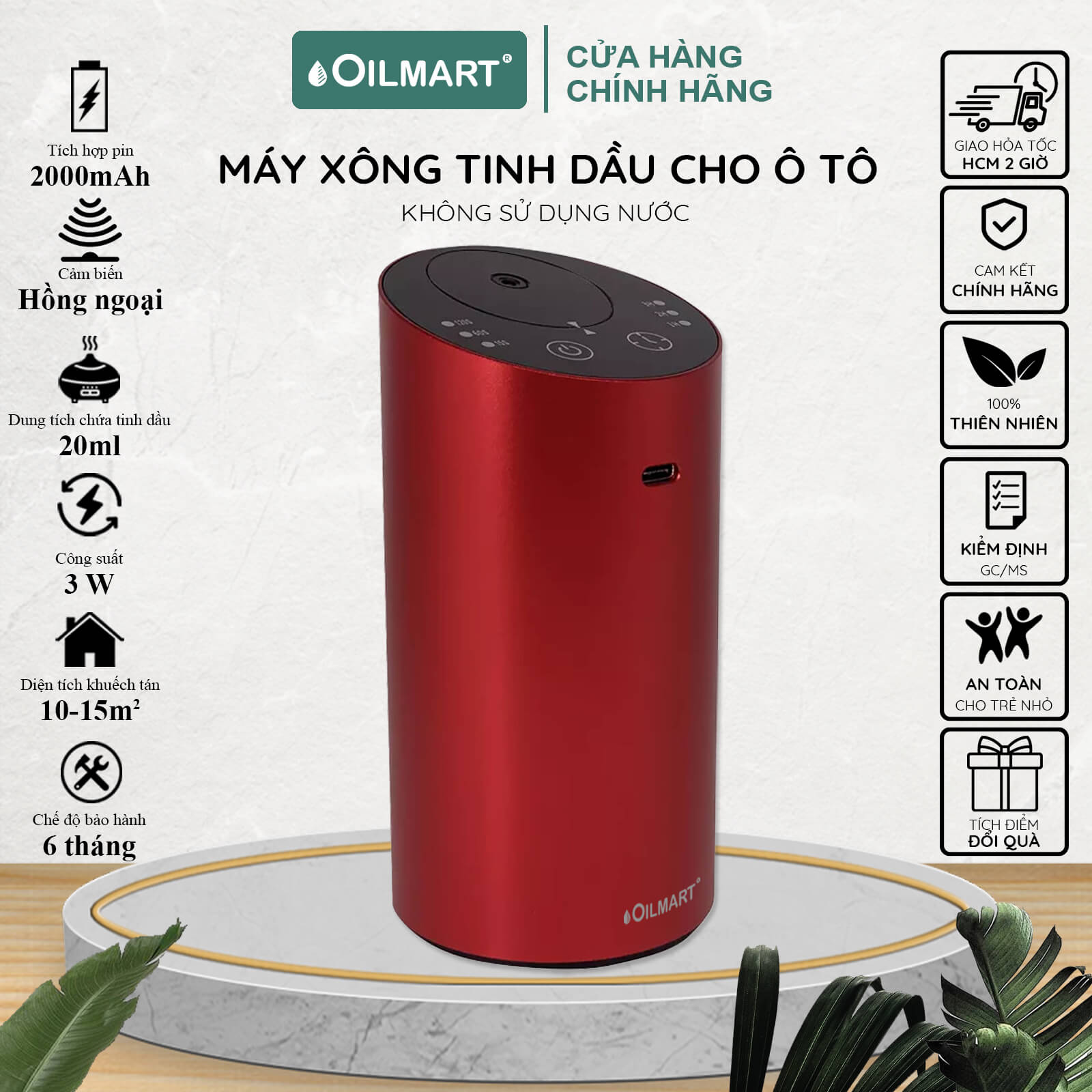 Máy Xông Tinh Dầu Cho Ô Tô Oilmart Không Dùng Nước, Có Sạc Pin Giúp Khử Mùi, Thanh Lọc Không Khí 20ml