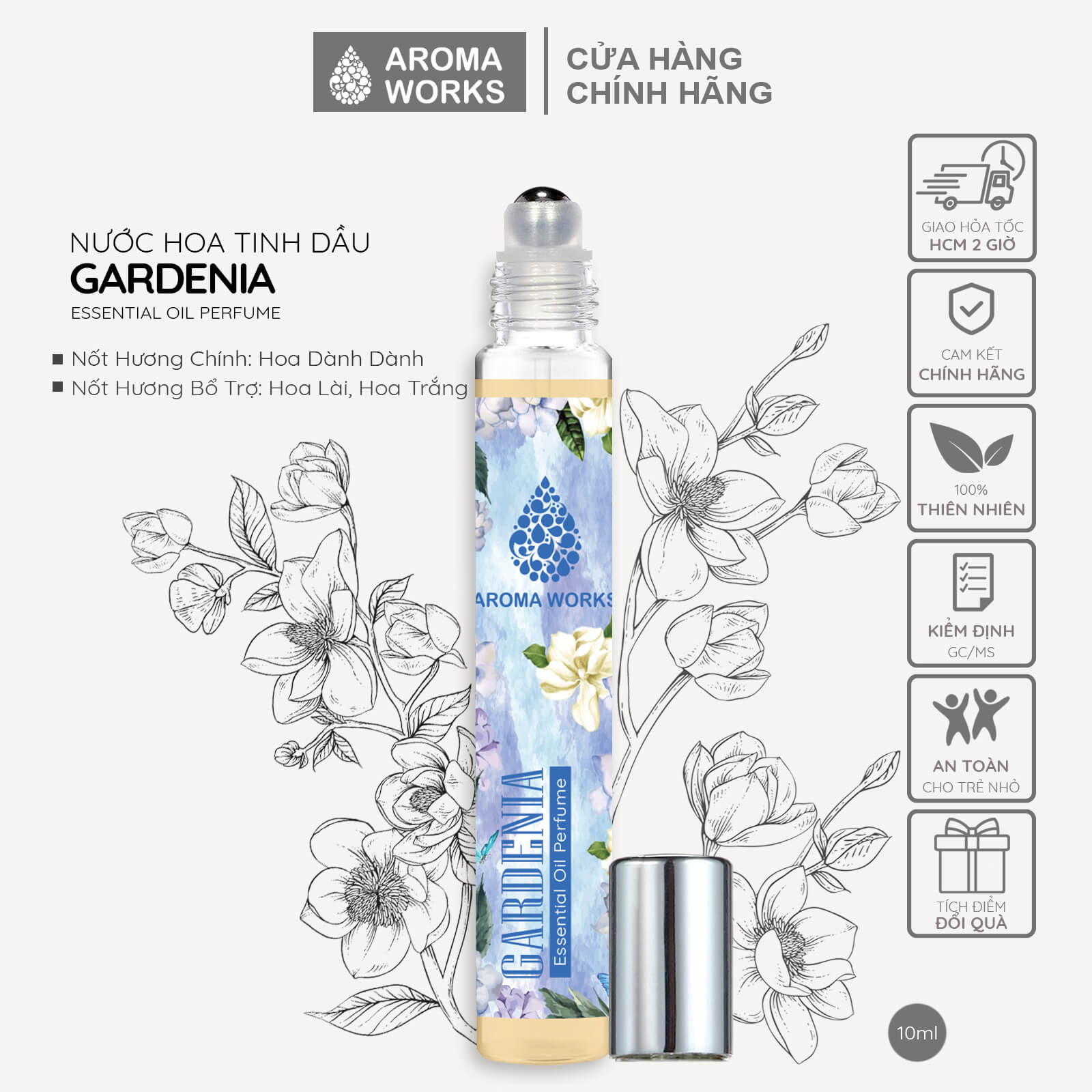 Tinh dầu nước hoa không cồn, lưu hương lâu Aroma Works Gardenia Essential Oil Perfume 10ml - Hương Hoa Dành Dành