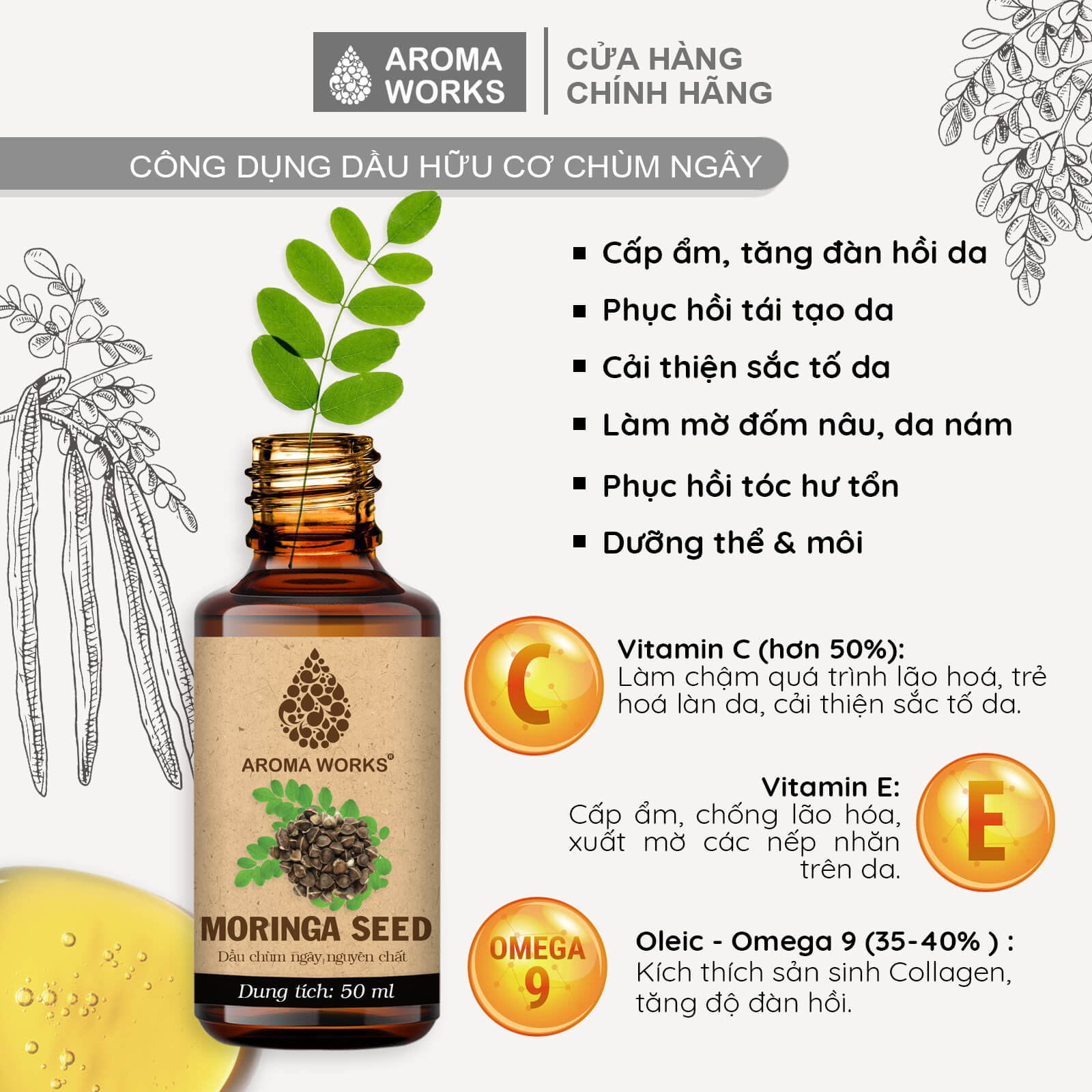 Dầu Hạt Chùm Ngây Aroma Works Organic Moringa Seed Oil Cấp Ẩm, Sáng Da, Mờ Nám, Xóa Mờ Nếp Nhăn