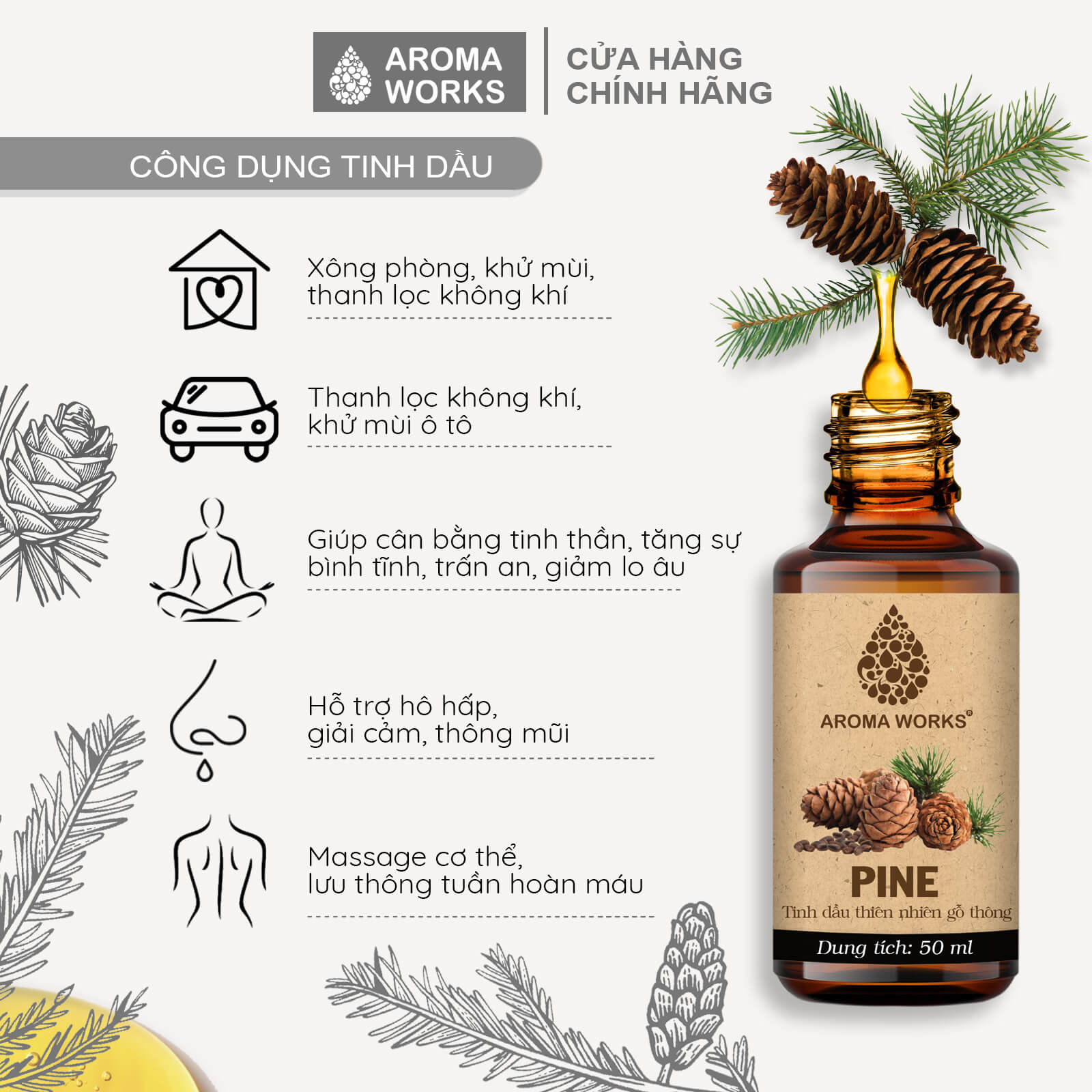 Tinh Dầu Thông Thiên Nhiên Xông Phòng, Khử Mùi, Thanh Lọc Không Khí, Giảm Căng Thẳng Aroma Works Pine