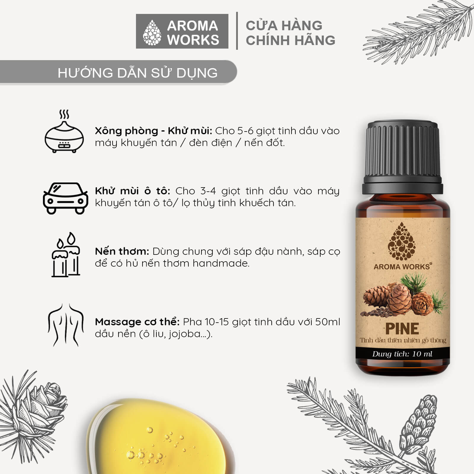 Tinh Dầu Thông Thiên Nhiên Xông Phòng, Khử Mùi, Thanh Lọc Không Khí, Giảm Căng Thẳng Aroma Works Pine