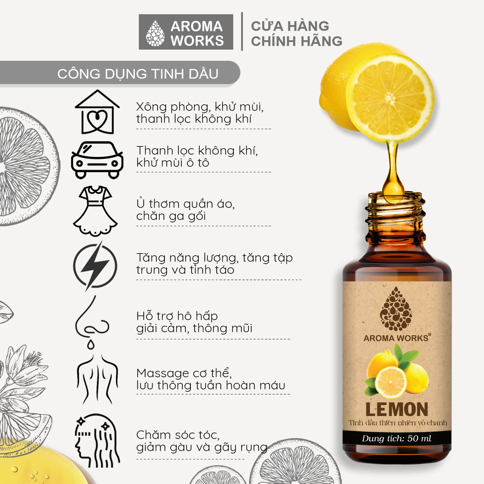 Tinh Dầu Chanh Thiên Nhiên Thơm Phòng, Khử Mùi, Đuổi Muỗi, Giải Cảm Aroma Works Essential Oils Lemon