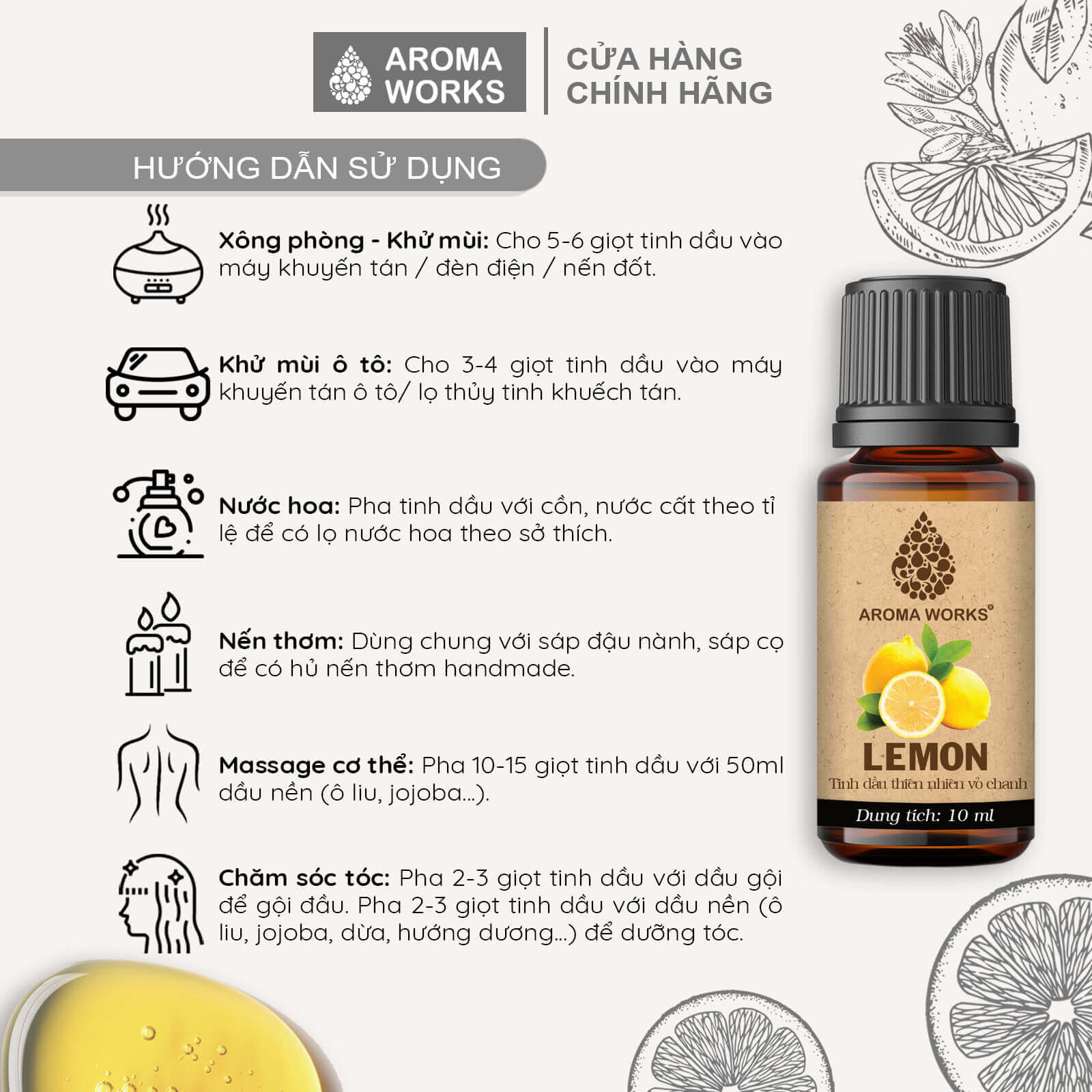 Tinh Dầu Chanh Thiên Nhiên Thơm Phòng, Khử Mùi, Đuổi Muỗi, Giải Cảm Aroma Works Essential Oils Lemon