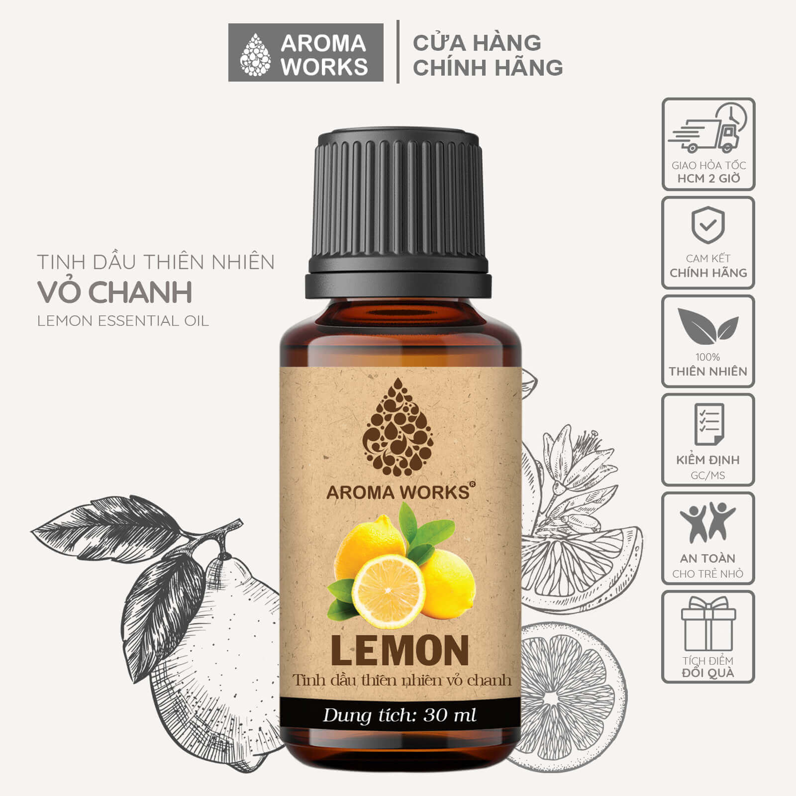 Tinh Dầu Chanh Thiên Nhiên Thơm Phòng, Khử Mùi, Đuổi Muỗi, Giải Cảm Aroma Works Essential Oils Lemon