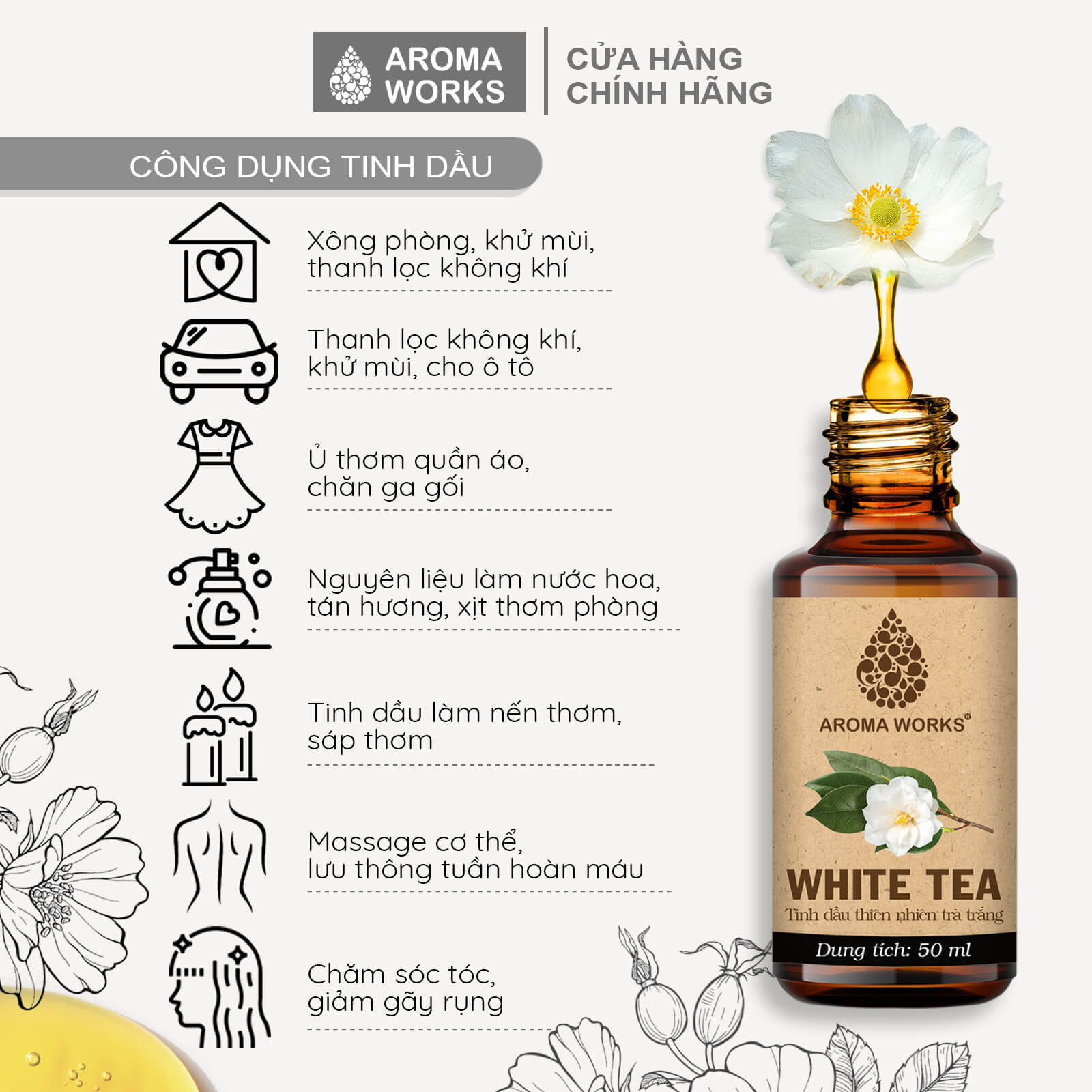 Tinh Dầu Hoa Trà Trắng Thiên Nhiên Thơm Phòng, Khử Mùi, Làm Nến Thơm Aroma Works White Tea