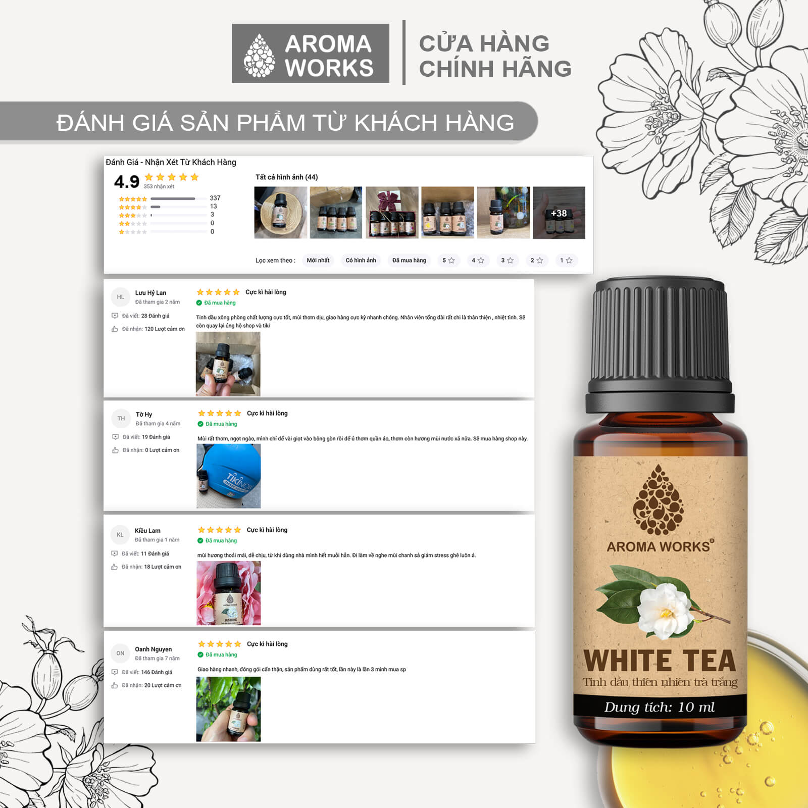 Tinh Dầu Hoa Trà Trắng Thiên Nhiên Thơm Phòng, Khử Mùi, Làm Nến Thơm Aroma Works White Tea