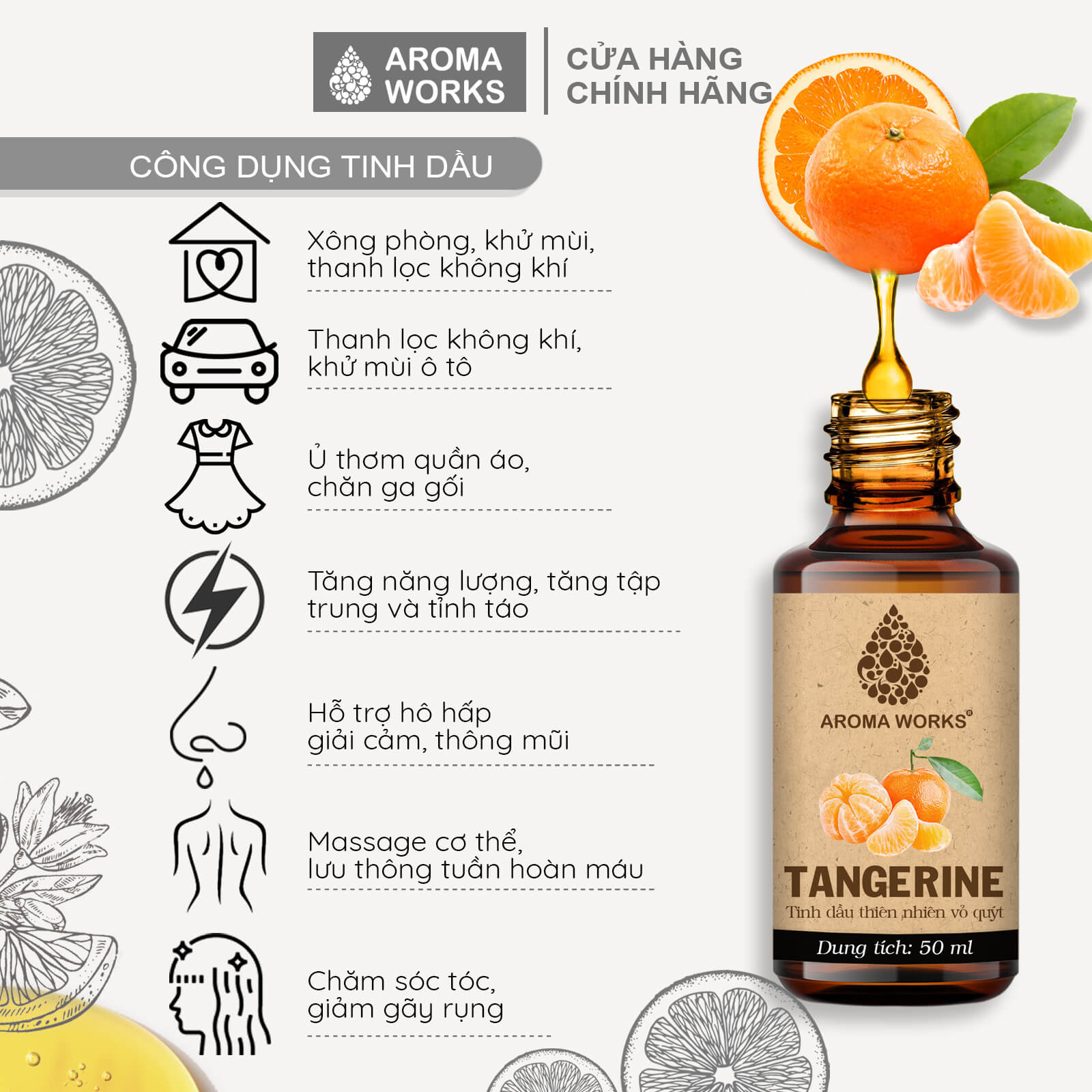 Tinh Dầu Quýt Thiên Nhiên Thơm Phòng, Khử Mùi, Giải Cảm Aroma Works Tangerine