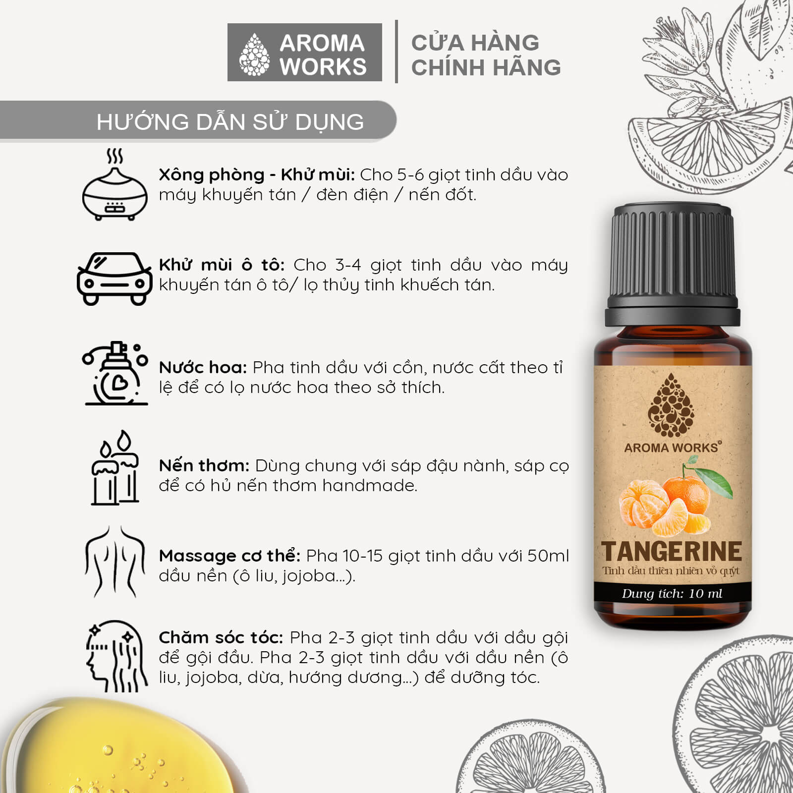 Tinh Dầu Quýt Thiên Nhiên Thơm Phòng, Khử Mùi, Giải Cảm Aroma Works Tangerine