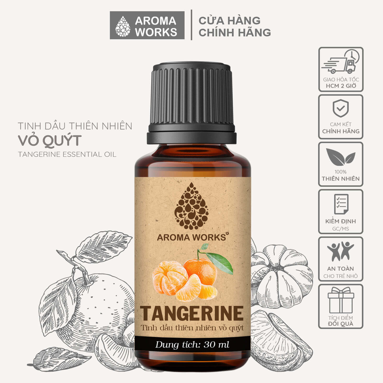 Tinh Dầu Quýt Thiên Nhiên Thơm Phòng, Khử Mùi, Giải Cảm Aroma Works Tangerine