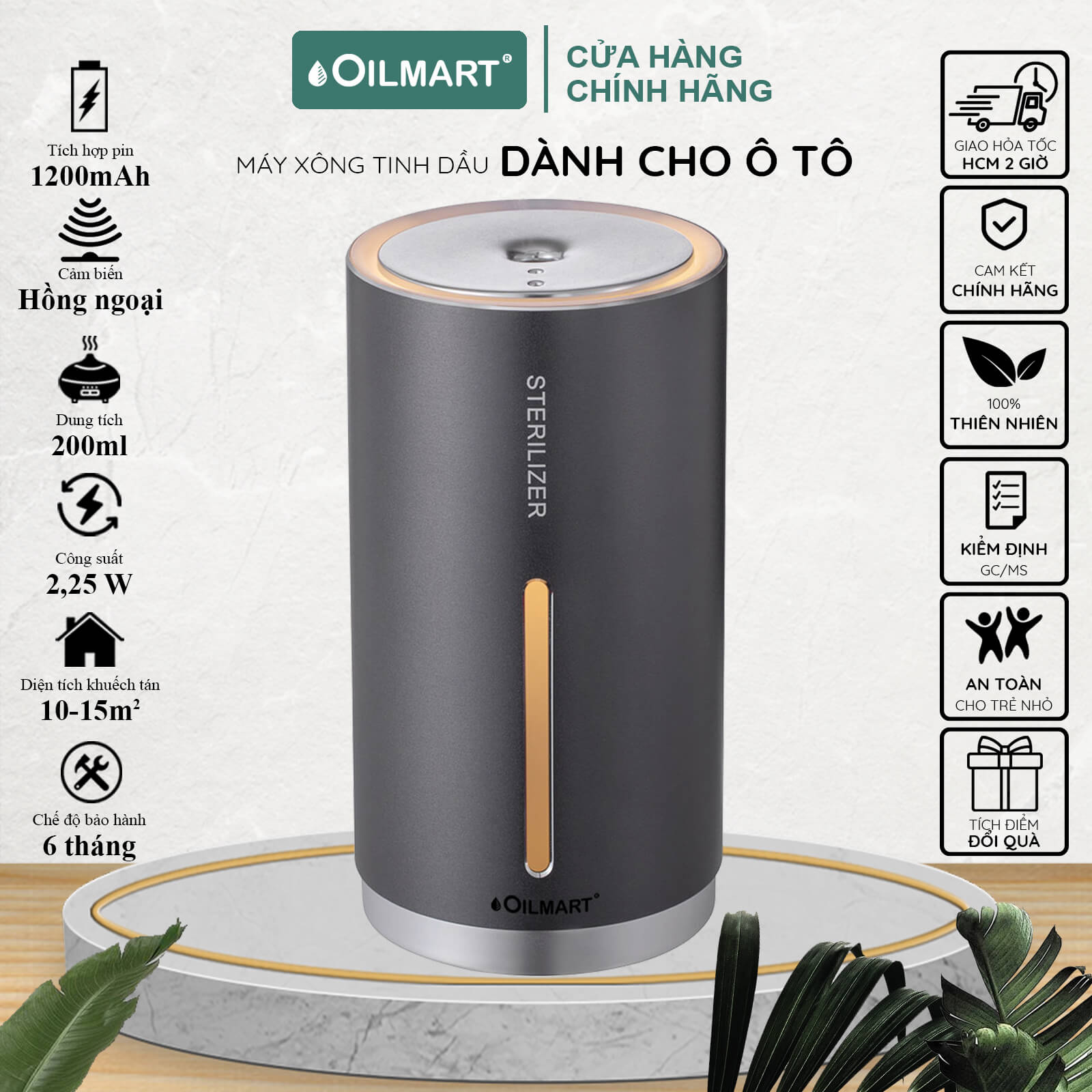 Máy Xông Tinh Dầu Cho Ô Tô Oilmart Không Dùng Nước, Có Sạc Pin Giúp Khử Mùi, Thanh Lọc Không Khí 200ml