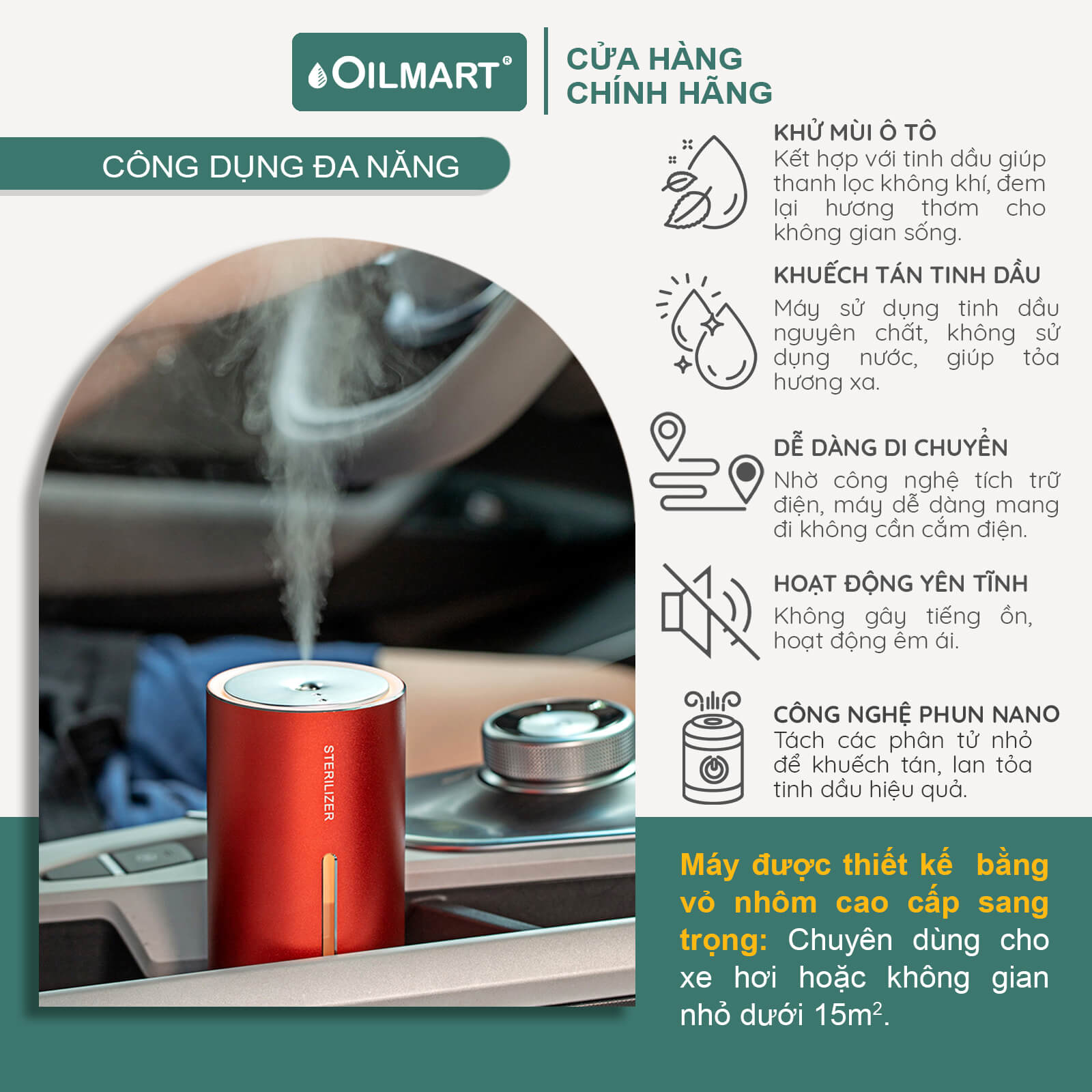 Máy Xông Tinh Dầu Cho Ô Tô Oilmart Không Dùng Nước, Có Sạc Pin Giúp Khử Mùi, Thanh Lọc Không Khí 200ml