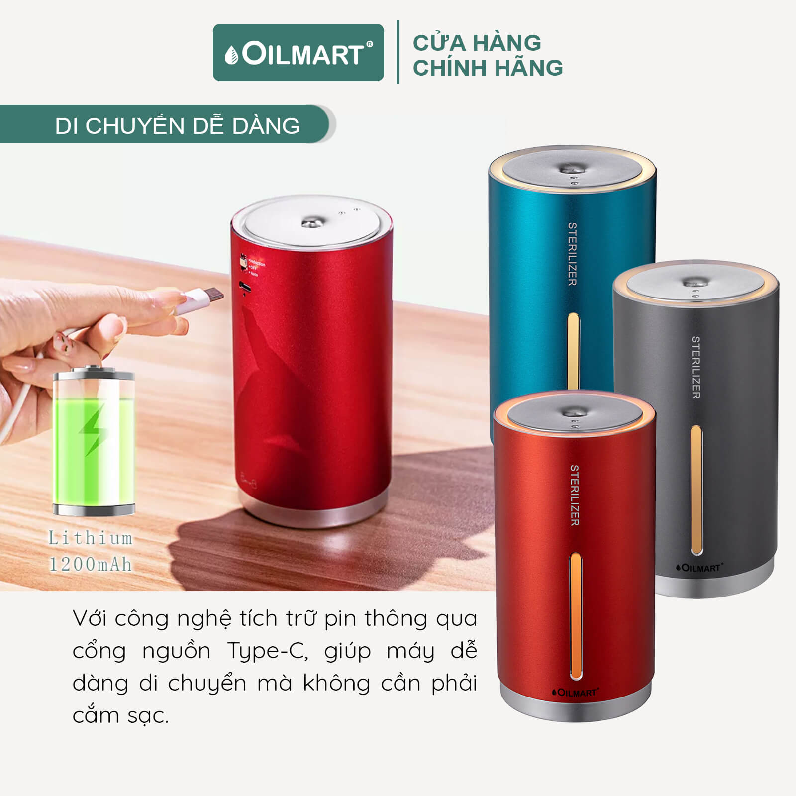 Máy Xông Tinh Dầu Cho Ô Tô Oilmart Không Dùng Nước, Có Sạc Pin Giúp Khử Mùi, Thanh Lọc Không Khí 200ml