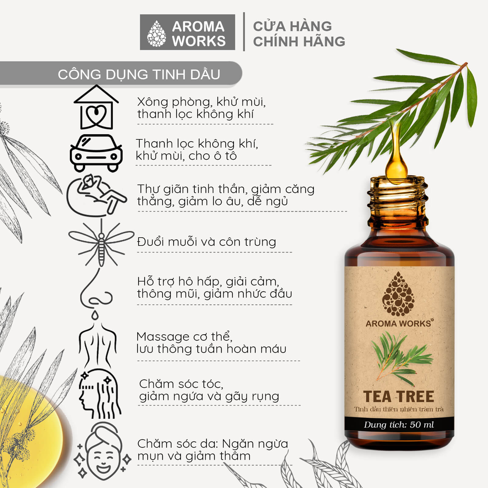 Tinh Dầu Tràm Trà Xông Phòng, Ngăn Ngừa Mụn, Đuổi Muỗi, Khử Mùi Aroma Works Tea Tree