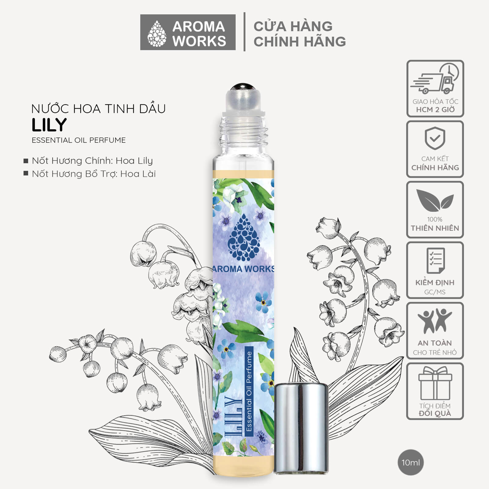 Tinh dầu nước hoa không cồn, lưu hương lâu Aroma Works Lily Essential Oil Perfume 10ml - Hương Lily