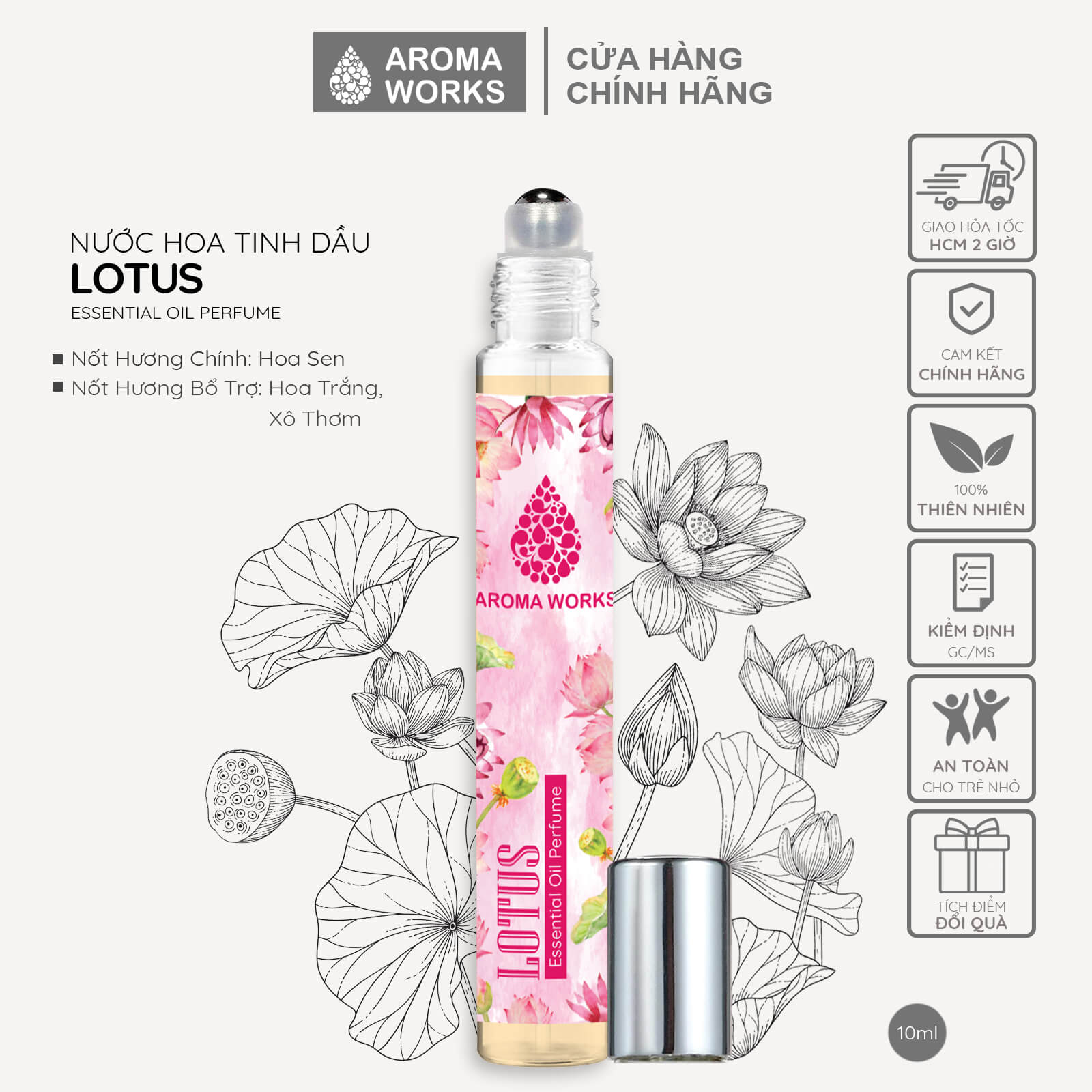 Tinh dầu nước hoa không cồn, lưu hương lâu Aroma Works Lotus Essential Oil Perfume 10ml - Hương Sen