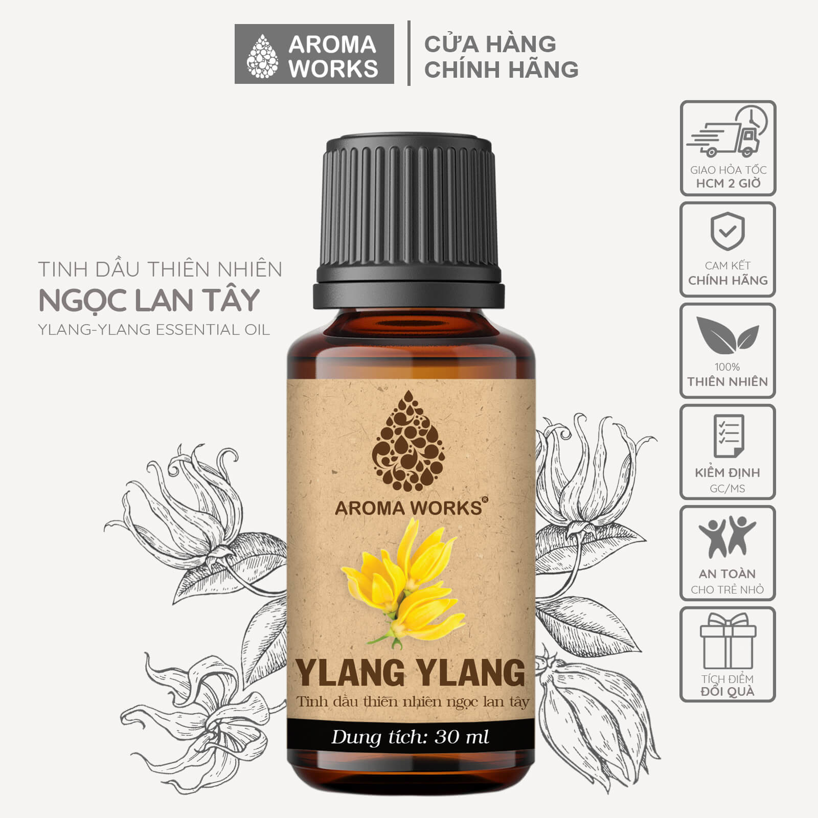 Tinh Dầu Ngọc Lan Tây Xông Phòng, Khử Mùi, Thanh Lọc Không Khí, Tăng Cảm Xúc Thăng Hoa Aroma Works Ylang Ylang