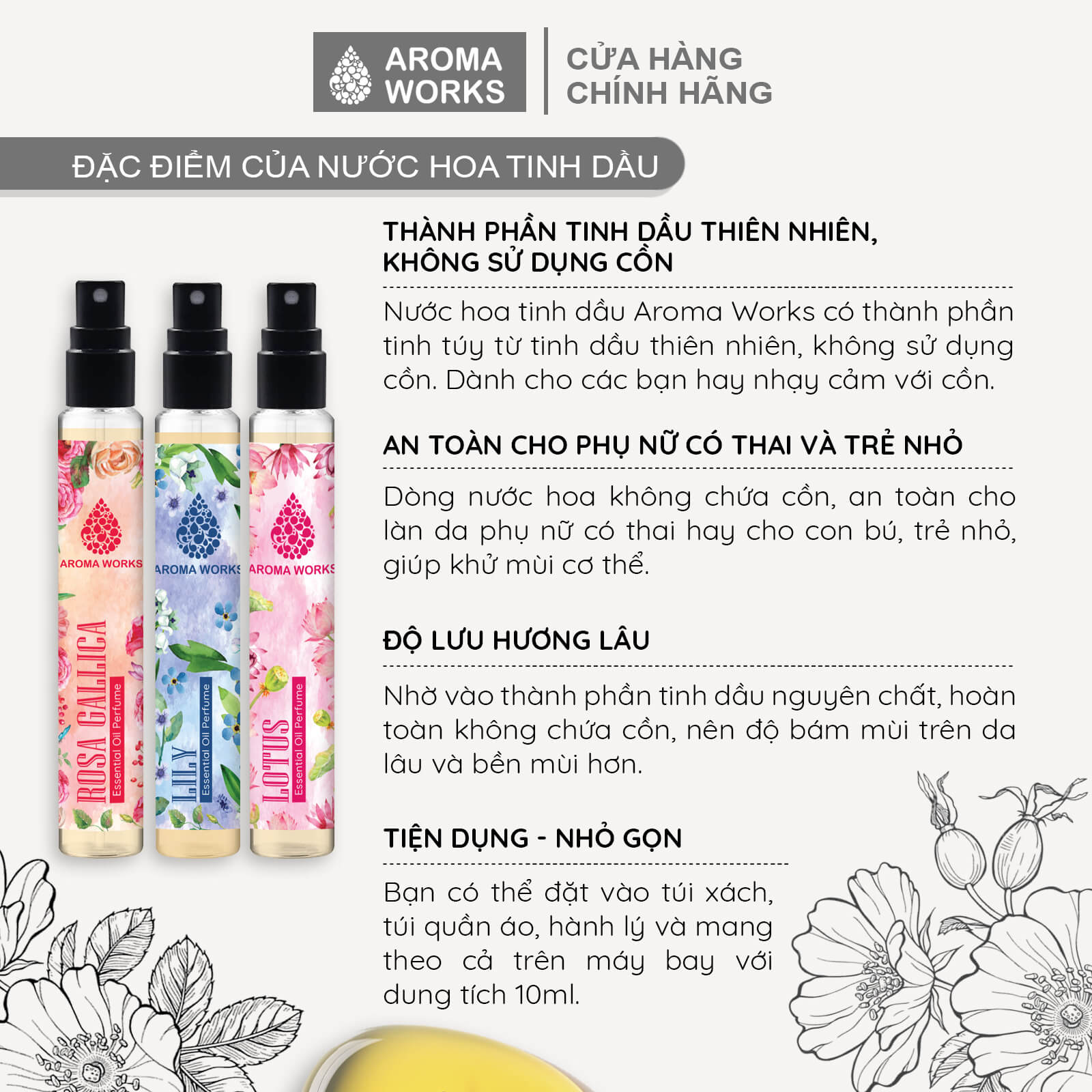 Tinh dầu nước hoa không cồn, lưu hương lâu Aroma Works Lily Essential Oil Perfume 10ml - Hương Lily