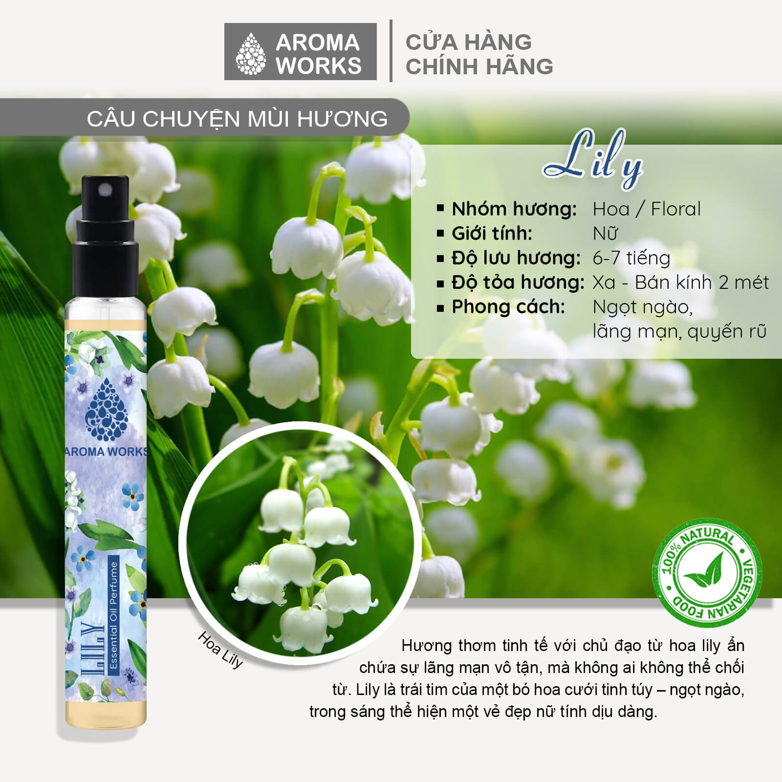 Tinh dầu nước hoa không cồn, lưu hương lâu Aroma Works Lily Essential Oil Perfume 10ml - Hương Lily