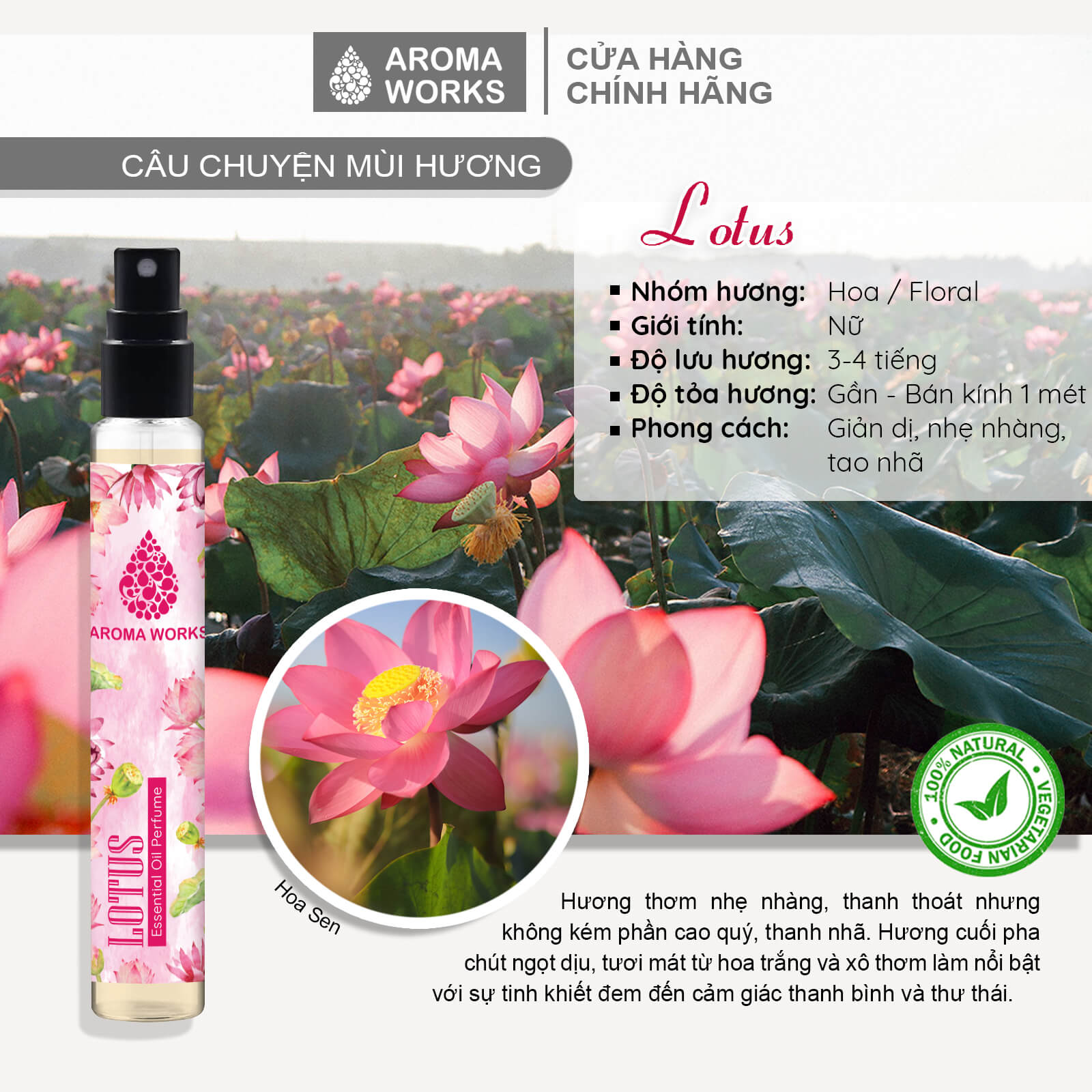 Tinh dầu nước hoa không cồn, lưu hương lâu Aroma Works Lotus Essential Oil Perfume 10ml - Hương Sen