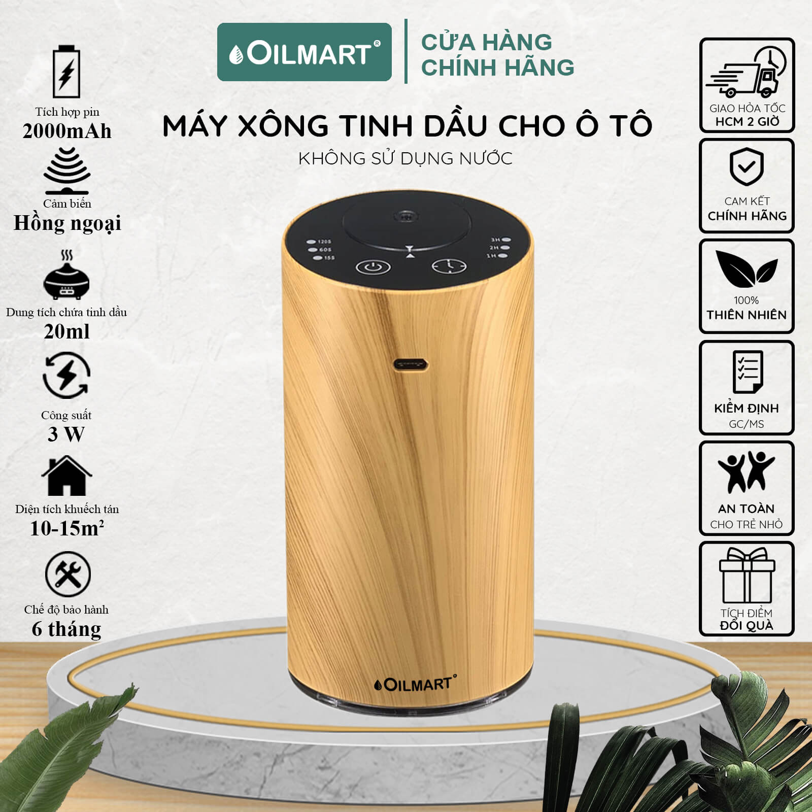 Máy Xông Tinh Dầu Cho Ô Tô Oilmart Không Dùng Nước, Có Sạc Pin Giúp Khử Mùi, Thanh Lọc Không Khí 20ml