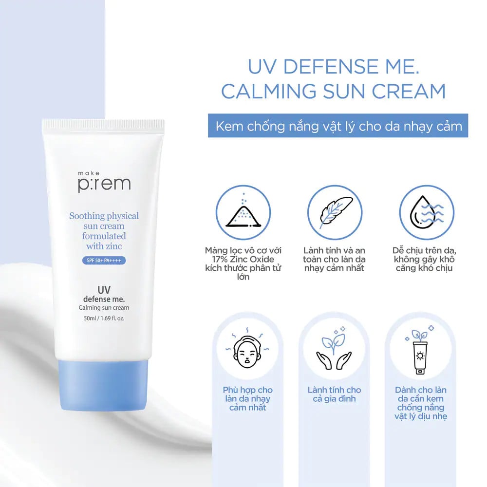 Kem Chống Nắng Vật Lý Make Prem UV Defense Me. Calming Sun Cream Cho Da Nhạy Cảm SPF50+ PA++++ 50ml