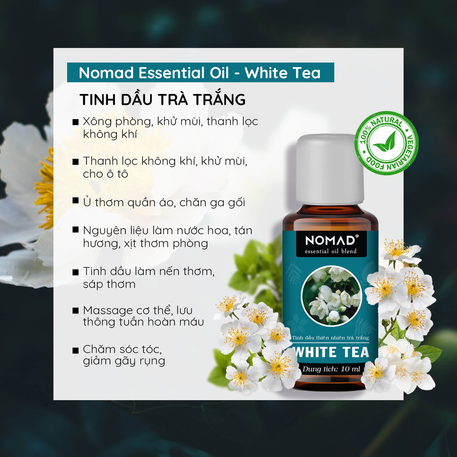 Tinh Dầu Hoa Trà Trắng Thiên Nhiên Thơm Phòng, Khử Mùi, Làm Nến Thơm Nomad White Tea