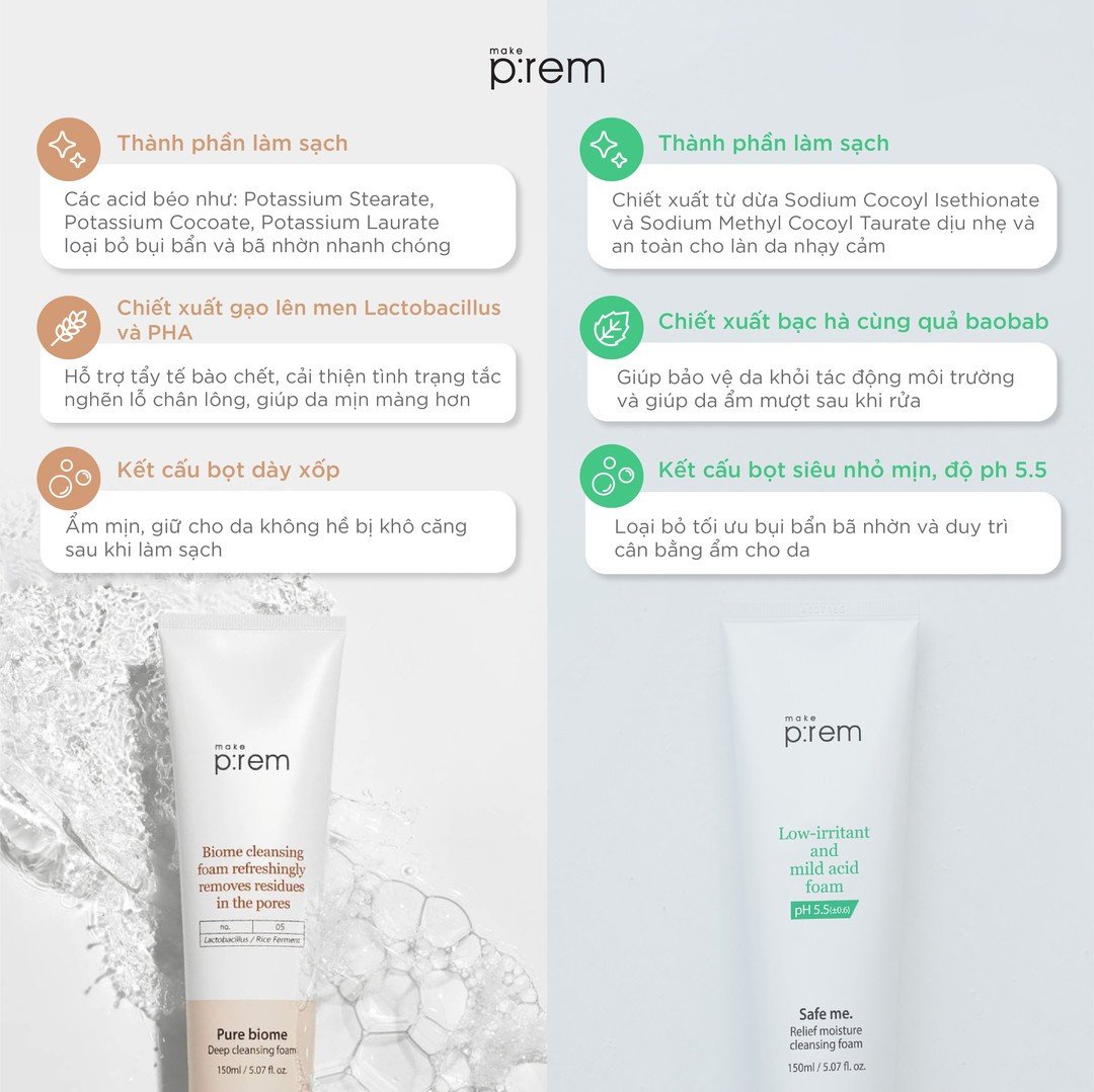 Sữa Rửa Mặt Tạo Bọt Cấp Ẩm, Dịu Nhẹ, Giảm Kích Ứng Make Prem Safe Me Relief Moisture Cleansing Foam pH5.5 20ml