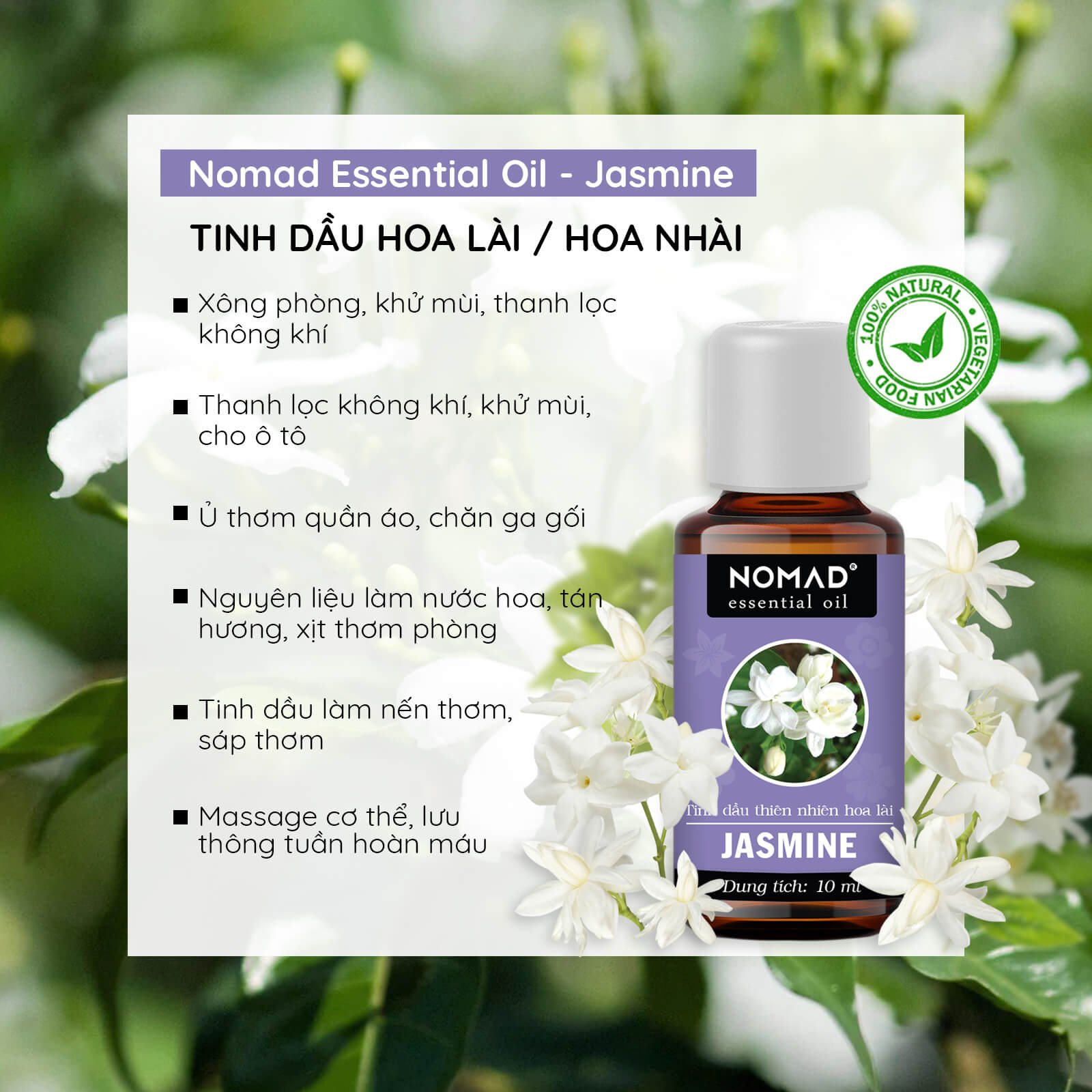 Tinh Dầu Hoa Lài Thơm Phòng, Thư Giãn, Giúp Dễ Ngủ, Giảm Áp Lực, Khử Mùi Nomad Jasmine