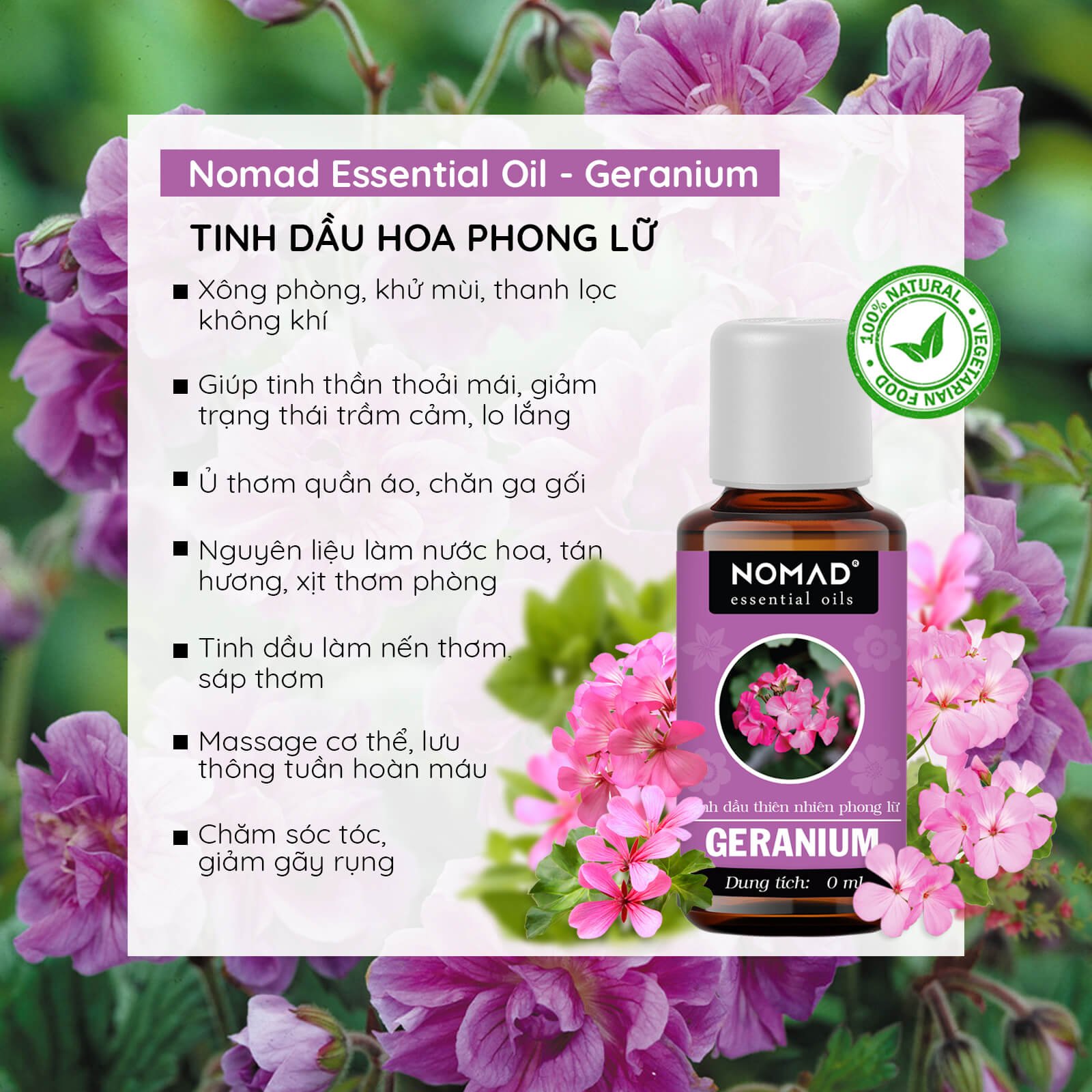 Tinh Dầu Thiên Nhiên Hương Phong Lữ Nomad Essential Oils Geranium xông thơm phòng, khử mùi, thanh lọc không khí