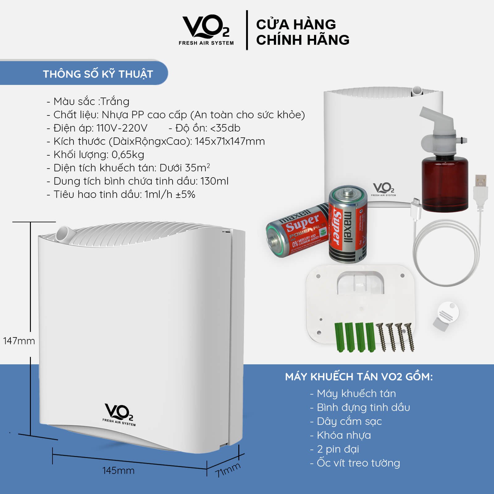 Máy xông tinh dầu chuyên dụng cho gia đình VO2 Smart Home Aroma Diffuser (Kèm Pin)