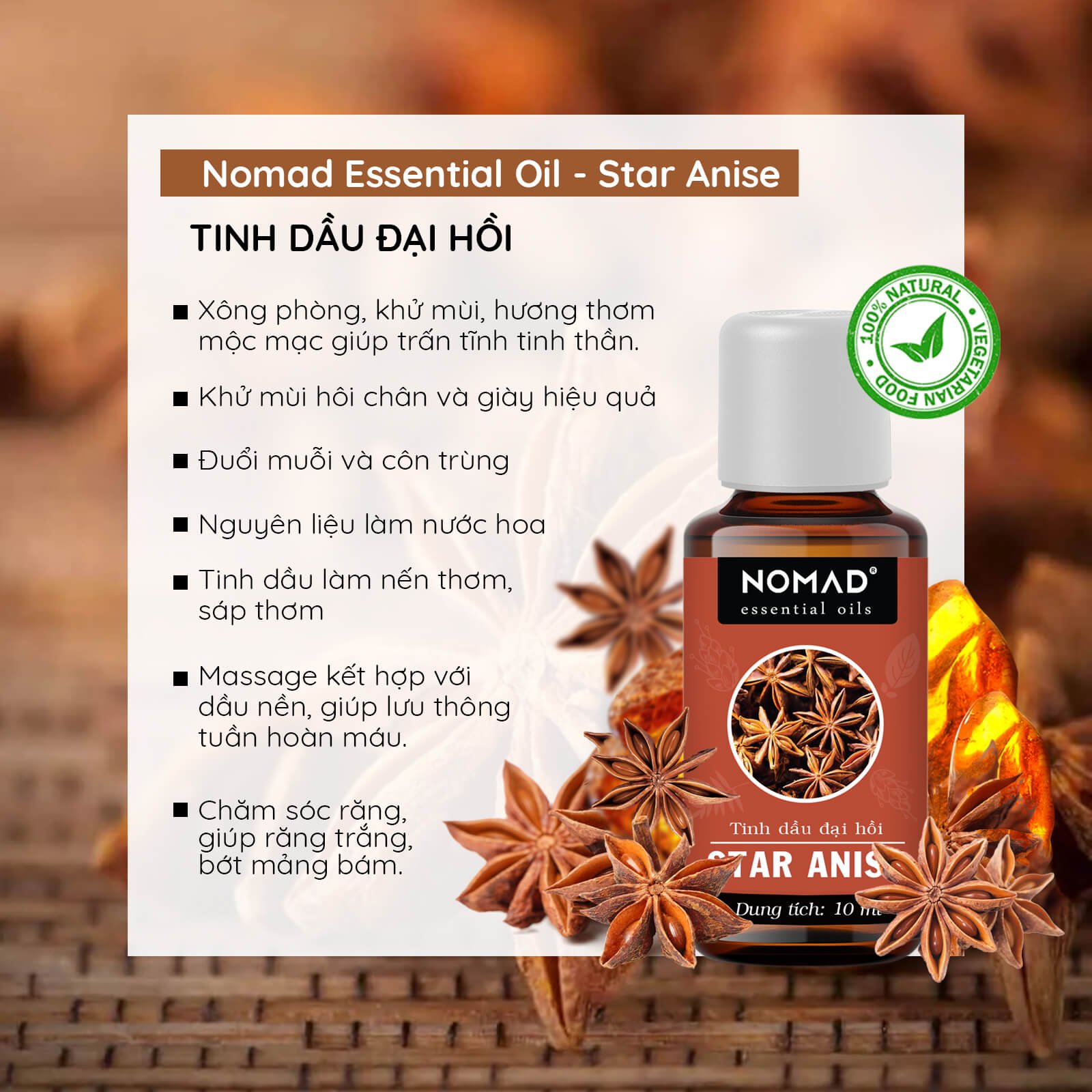 Tinh Dầu Thiên Nhiên Đại Hồi Nomad Star Anise Essential Oil thanh lọc không khí, khử mùi