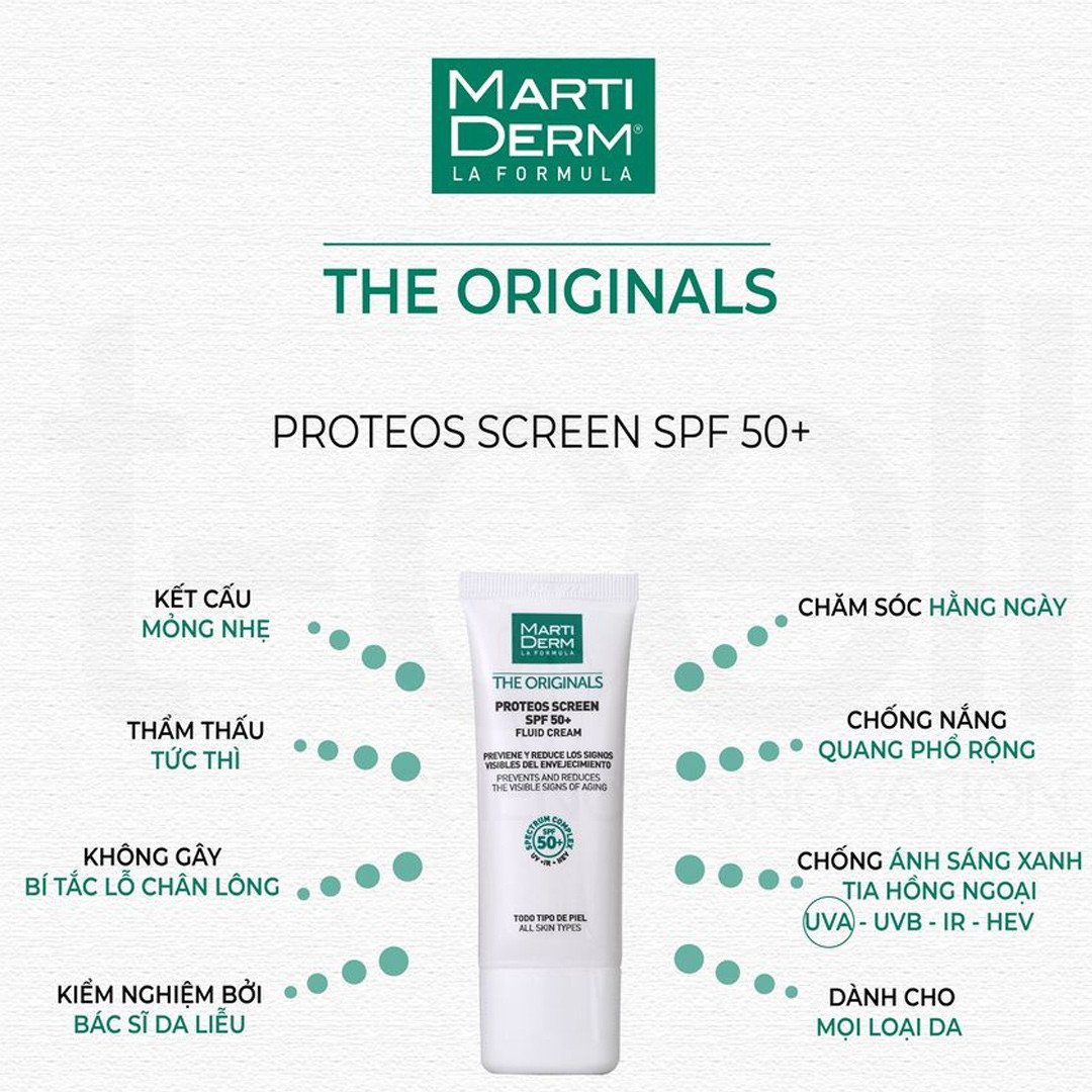 Kem Chống Nắng Phổ Rộng Bảo Vệ Toàn Diện MartiDerm The Originals Proteos Screen SPF50+ Fluid Cream 40ml