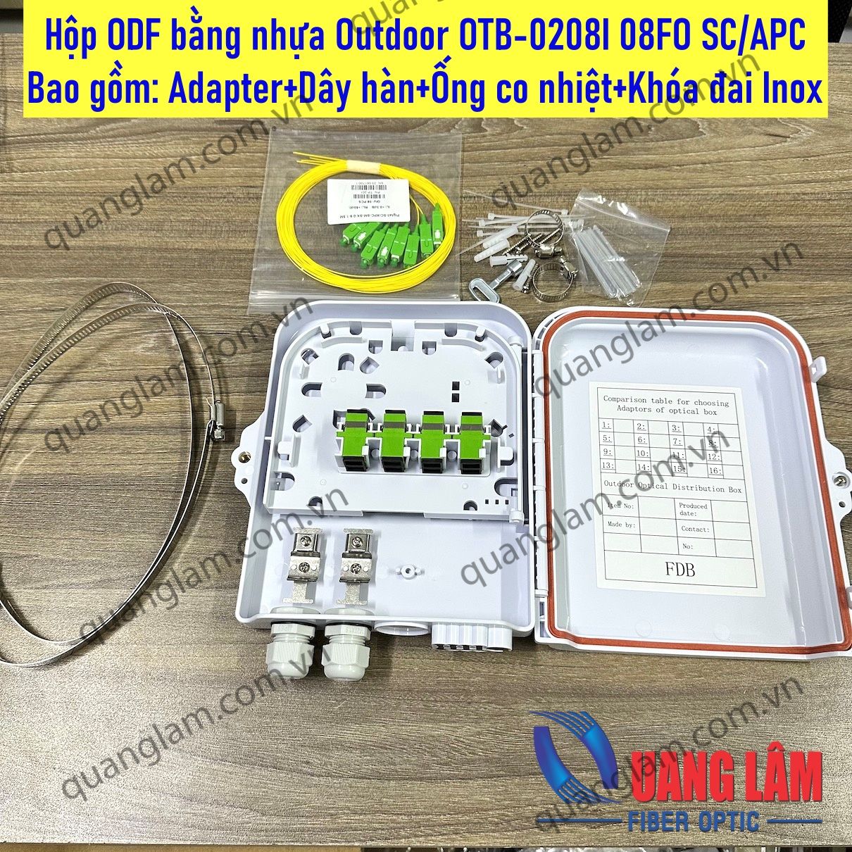 Hộp ODF nhựa Outdoor OTB-0208I 08FO SC/APC SC/UPC (Bao gồm Adpater SC/APC+Ống co nhiệt+Dây hàn quang+Khóa đai Inox)