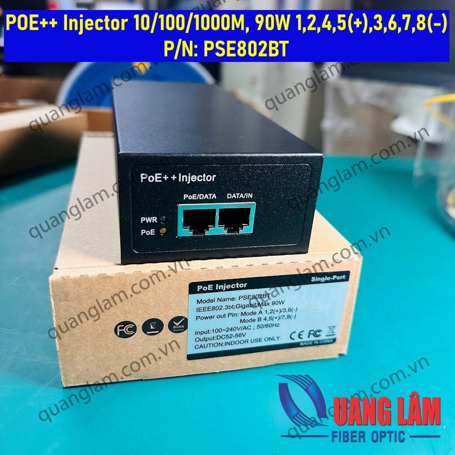 POE++ Injector 10/100/1000M, 90W 1,2,4,5(+),3,6,7,8(-) P/N: PSE802BT