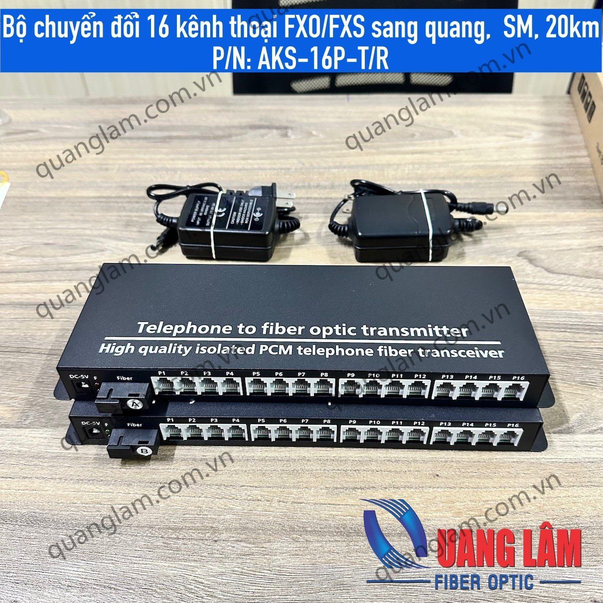 Bộ chuyển 16 kênh thoại FXO/FXS sang quang, đơn mốt, SC 20km, P/N: AKS-16P-T/R