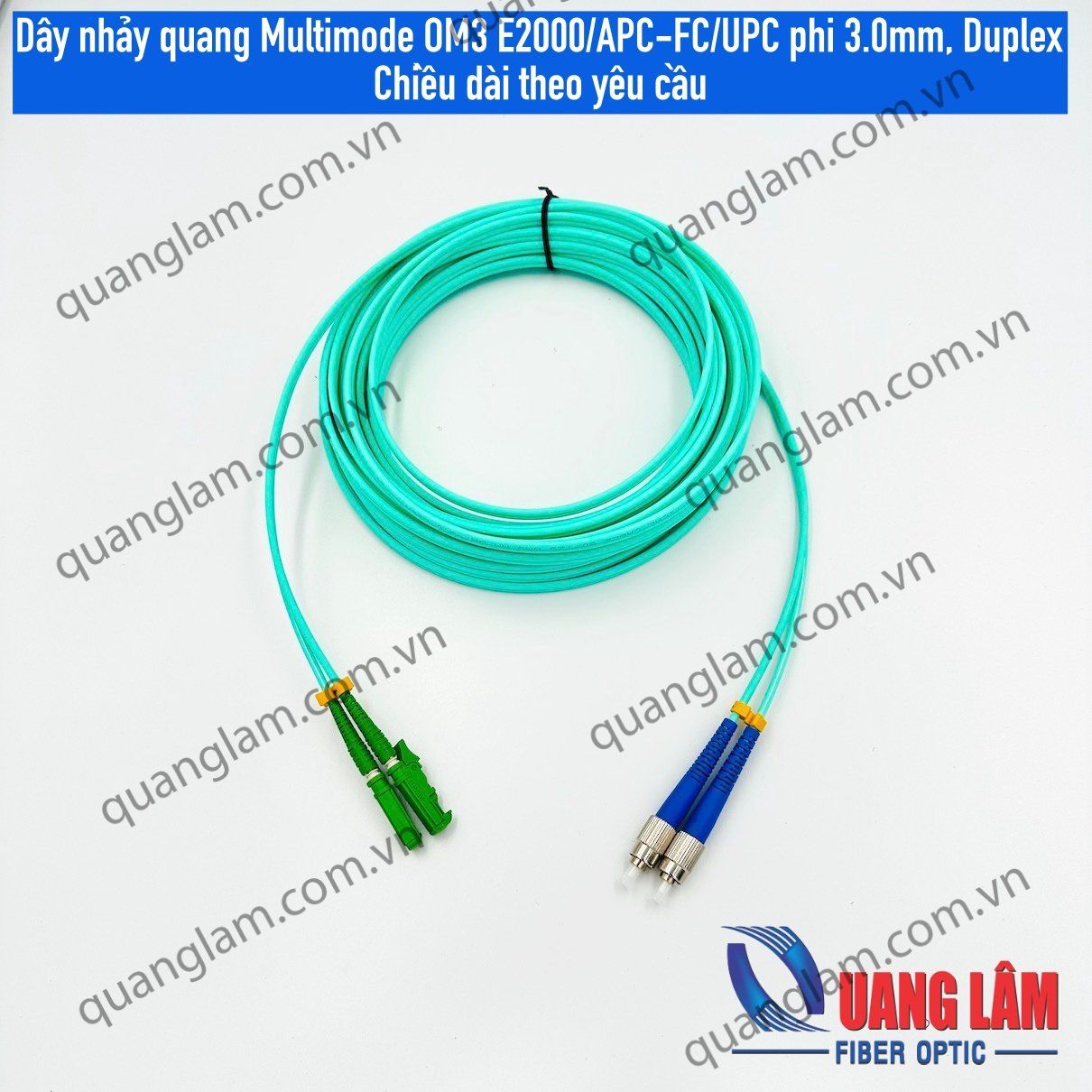 Dây nhảy quang Multimode OM3 E2000/APC-FC/UPC phi 3.0mm, Duplex Chiều dài theo yêu cầu