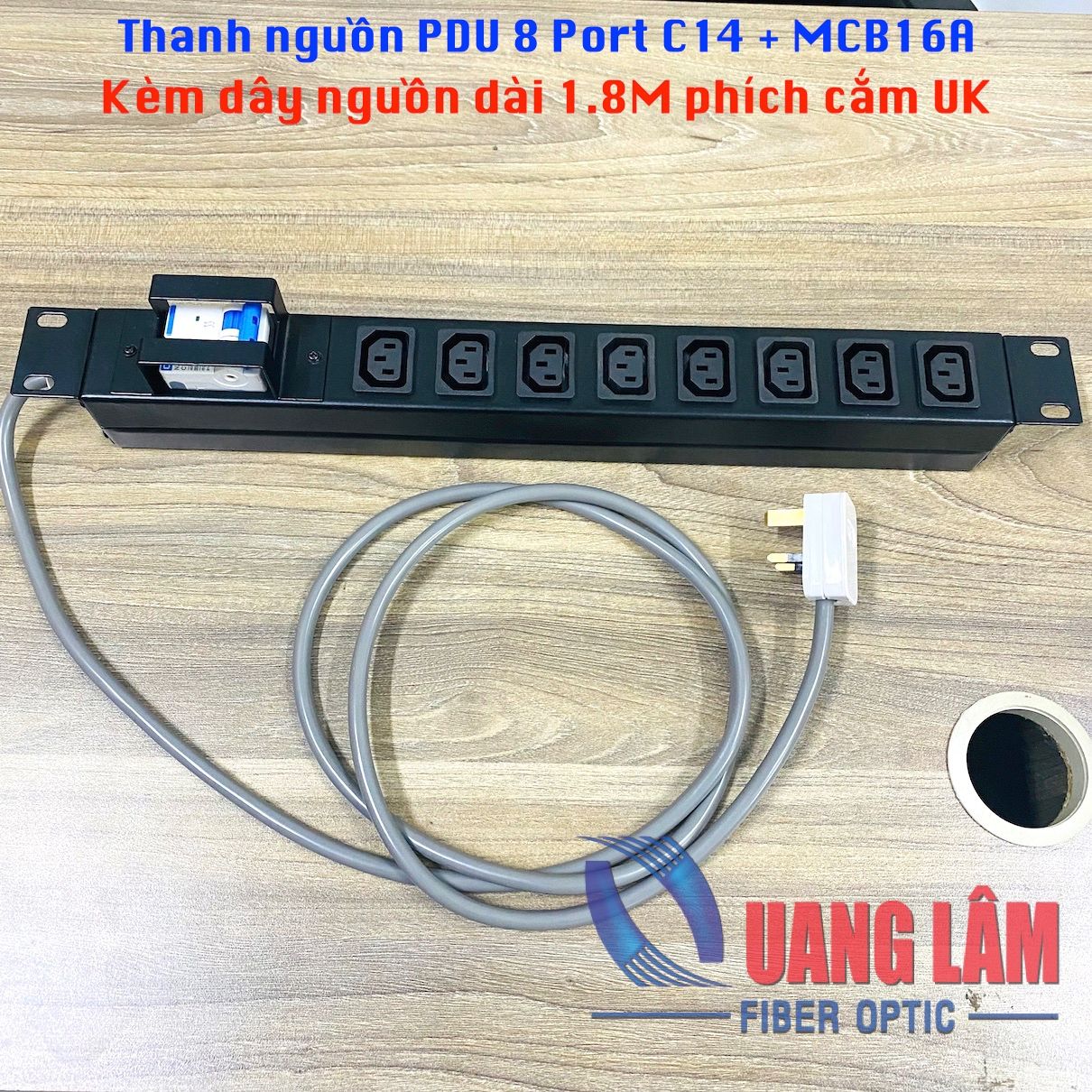 Thanh nguồn PDU 8 Port C13 - MCB16A - Kèm dây nguồn dài 1.8M gắn phích cắm UK