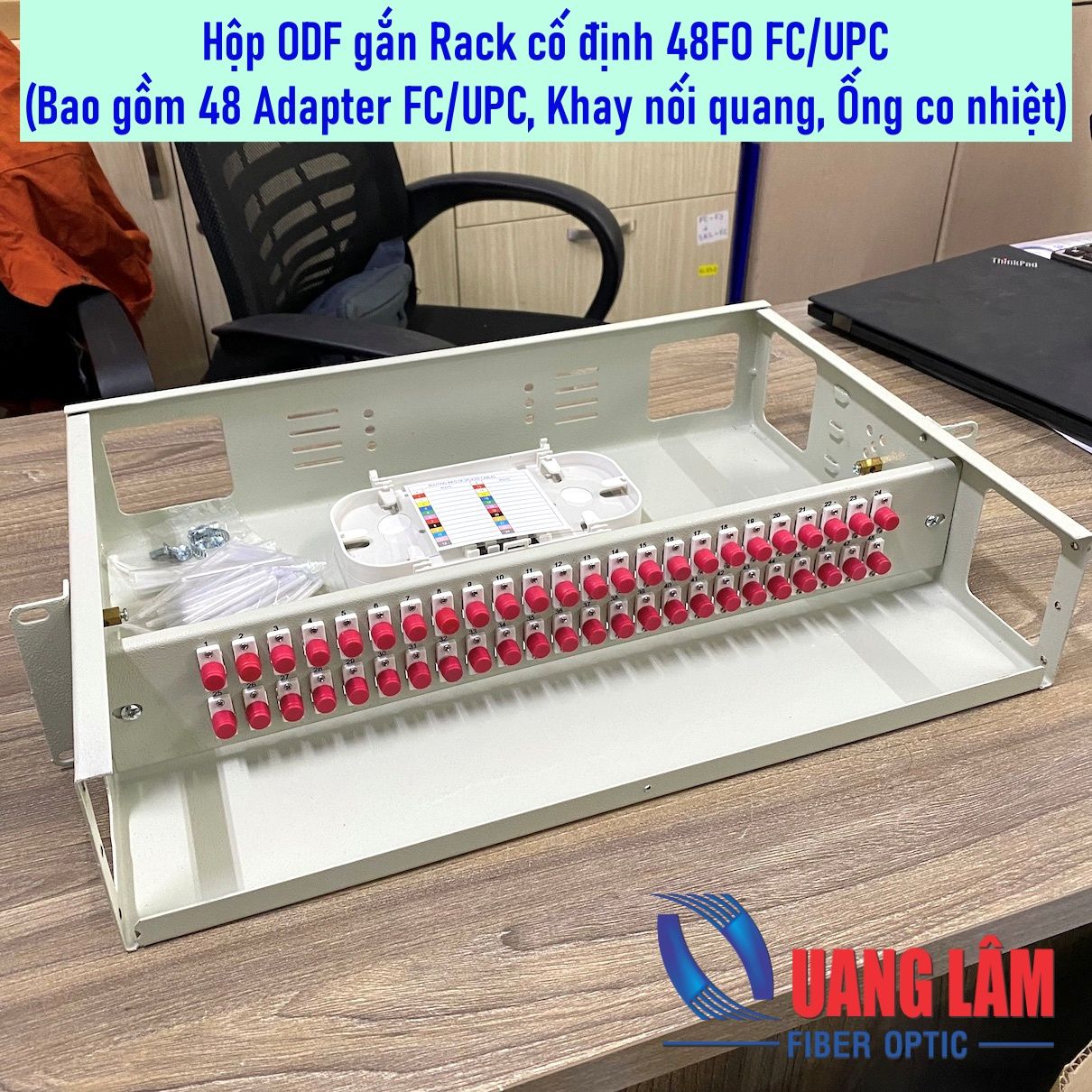 Hộp ODF gắn Rack cố định 48FO FC - Đầu tròn vặn (Bao gồm 48 Adapter FC, 48 Ống Co Nhiệt, Khay Nối Quang)