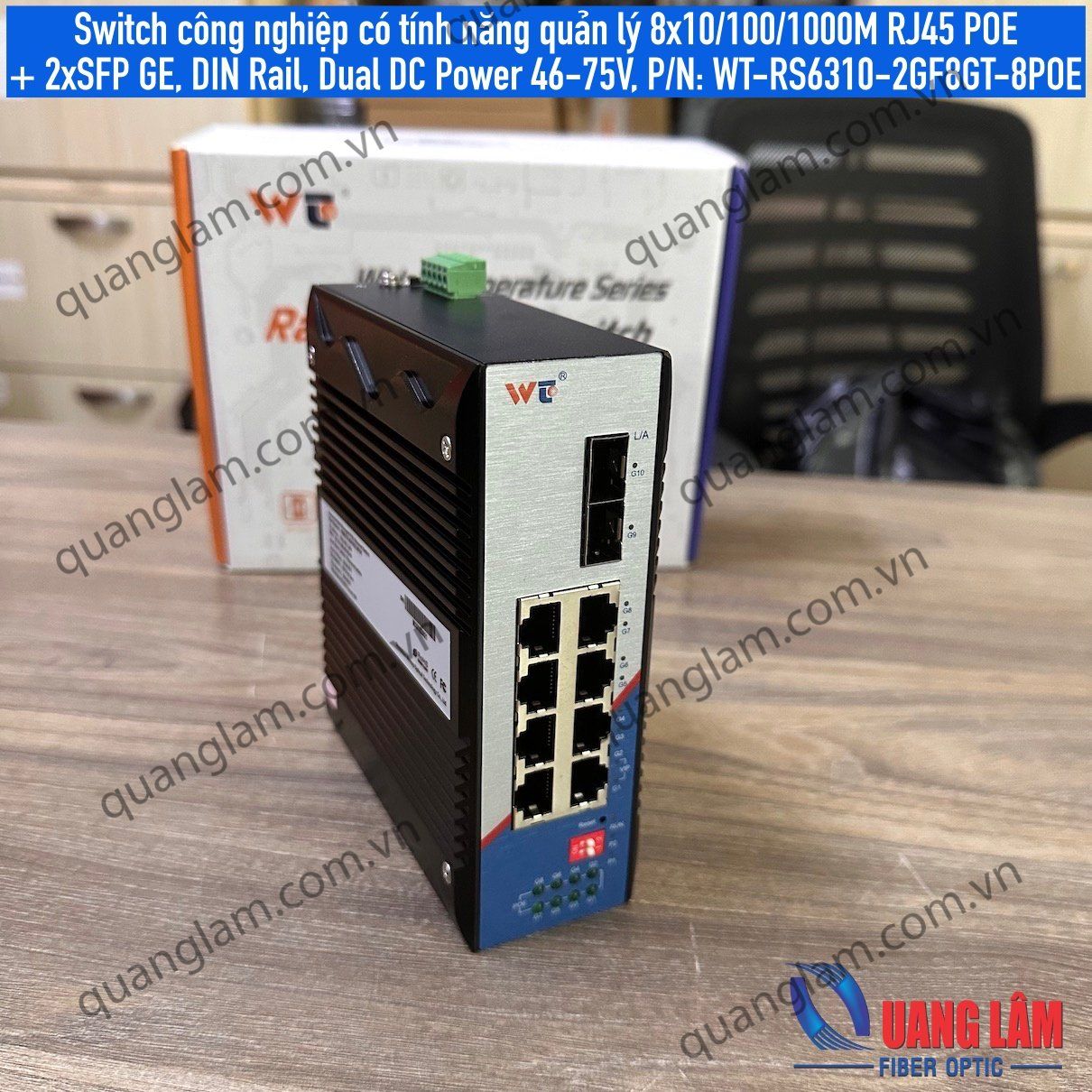 Switch công nghiệp có tính năng quản lý 8x10/100/1000M RJ45 POE + 2xSFP GE, DIN Rail, Dual DC Power 46-75V, P/N: WT-RS6310-2GF8GT-8POE