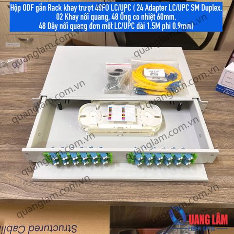 Hộp ODF gắn Rack khay trượt 48FO LC/UPC ( 24 Adapter LC/UPC SM Duplex, 02 Khay nối quang, 48 Ống co nhiệt 60mm, 48 Dây nối quang đơn mốt LC/UPC dài 1.5M phi 0.9mm)