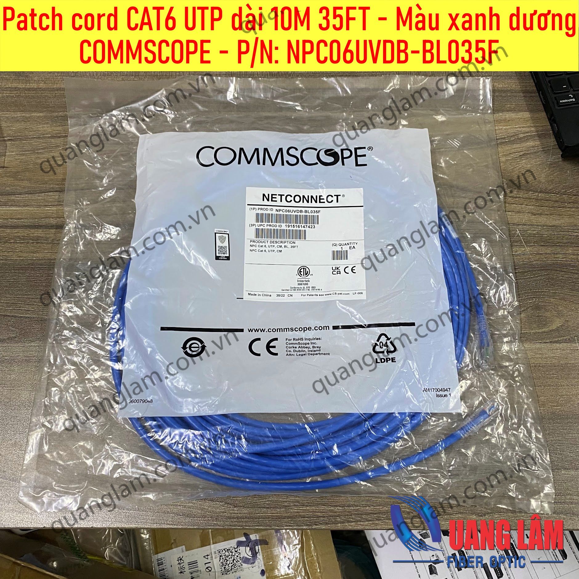 Patch cord CAT6 UTP dài 10M 35FT - Màu xanh dương COMMSCOPE - P/N: NPC06UVDB-BL035F