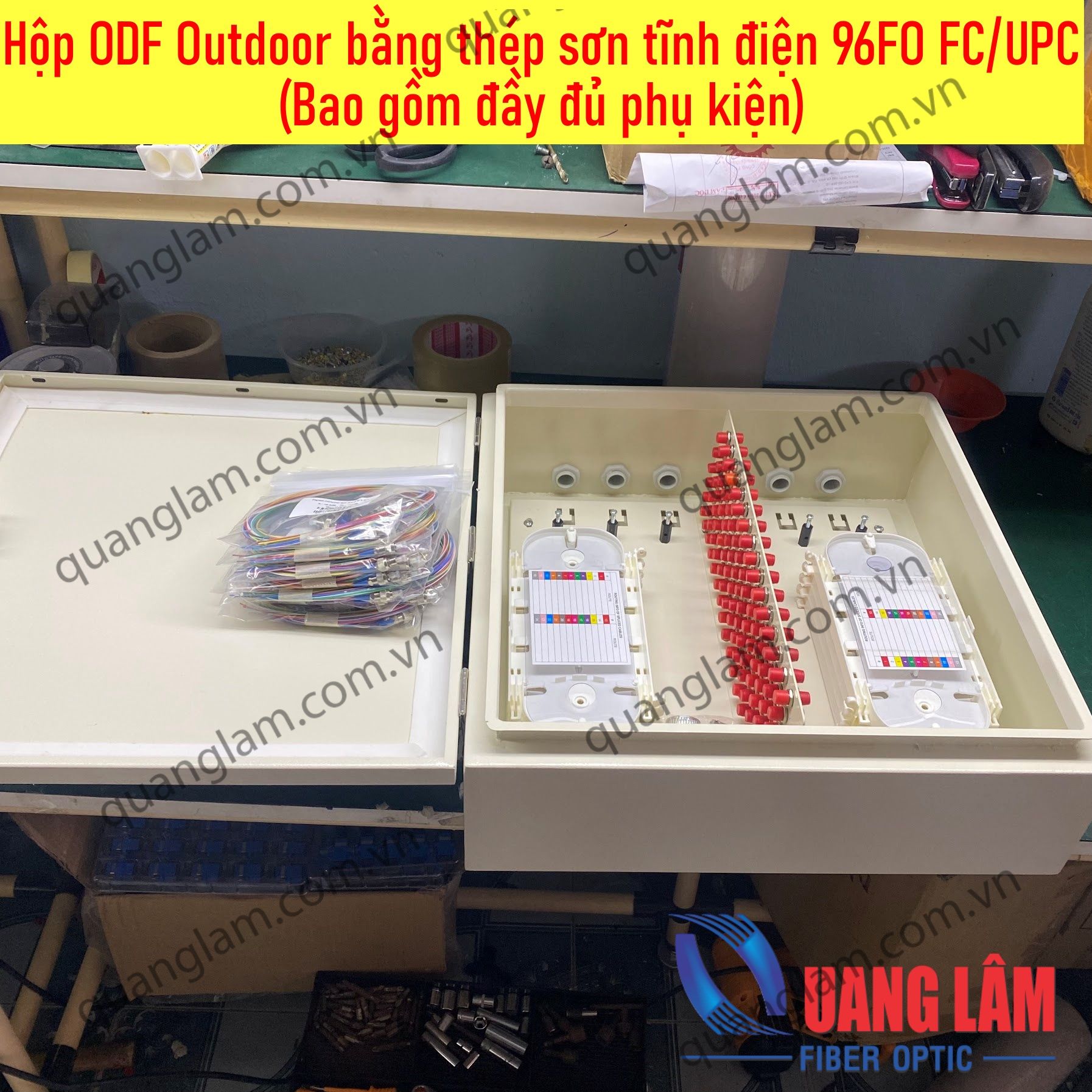 Hộp ODF Outdoor 96FO FC/UPC (96 Adapter FC/UPC, 96 ống co nhiệt, khay nối quang, 96 dây nối quang SM FC/UPC dài 1.5M)