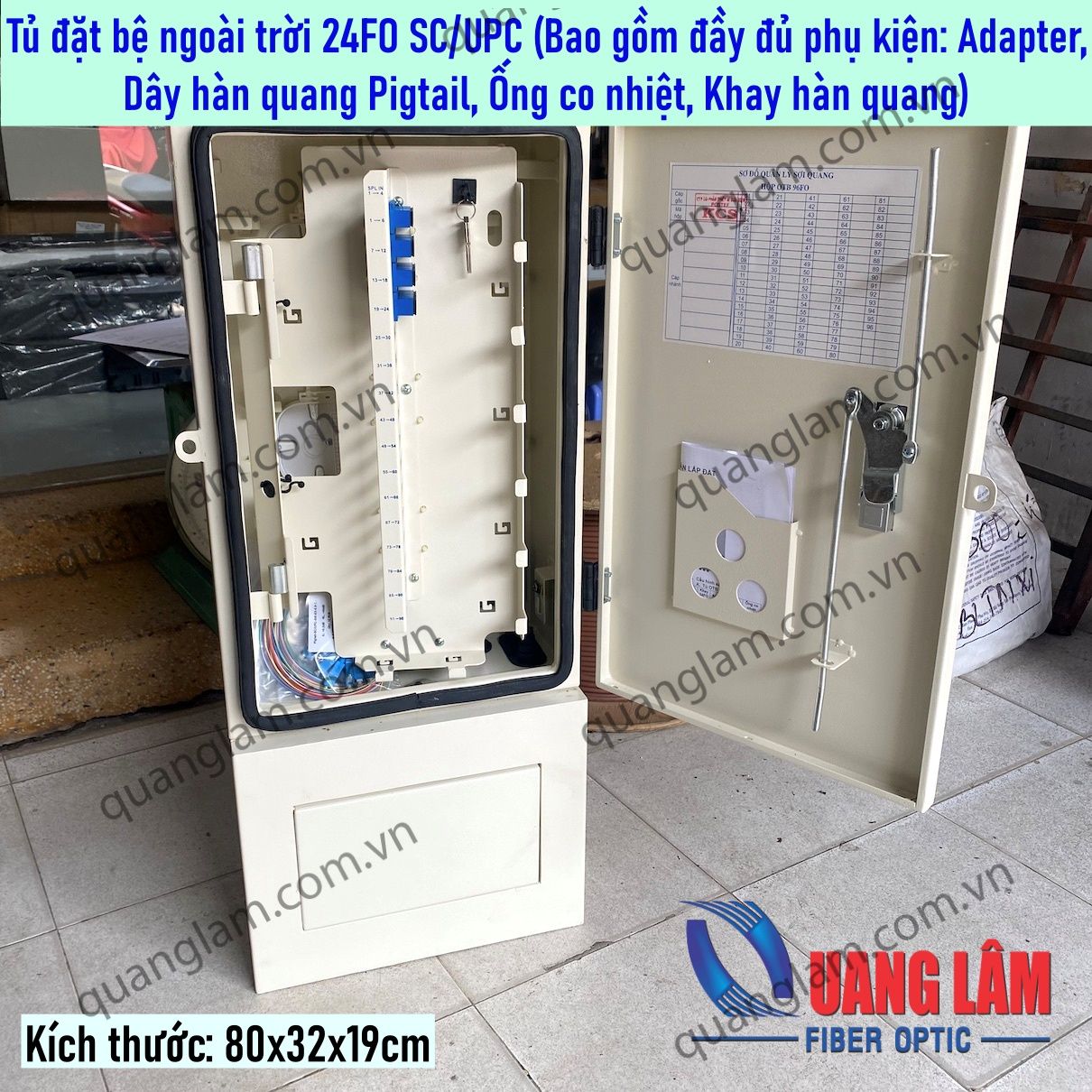 Tủ ODF đặt bệ ngoài trời 24FO SC/UPC (Bao gồm 02 khay nối quang ST-06, 24 Adapter SC/UPC, 48 Ống co nhiệt, 48 Dây nối quang đơn mốt SC/UPC dài 1.5m phi 0.9mm( bó màu)