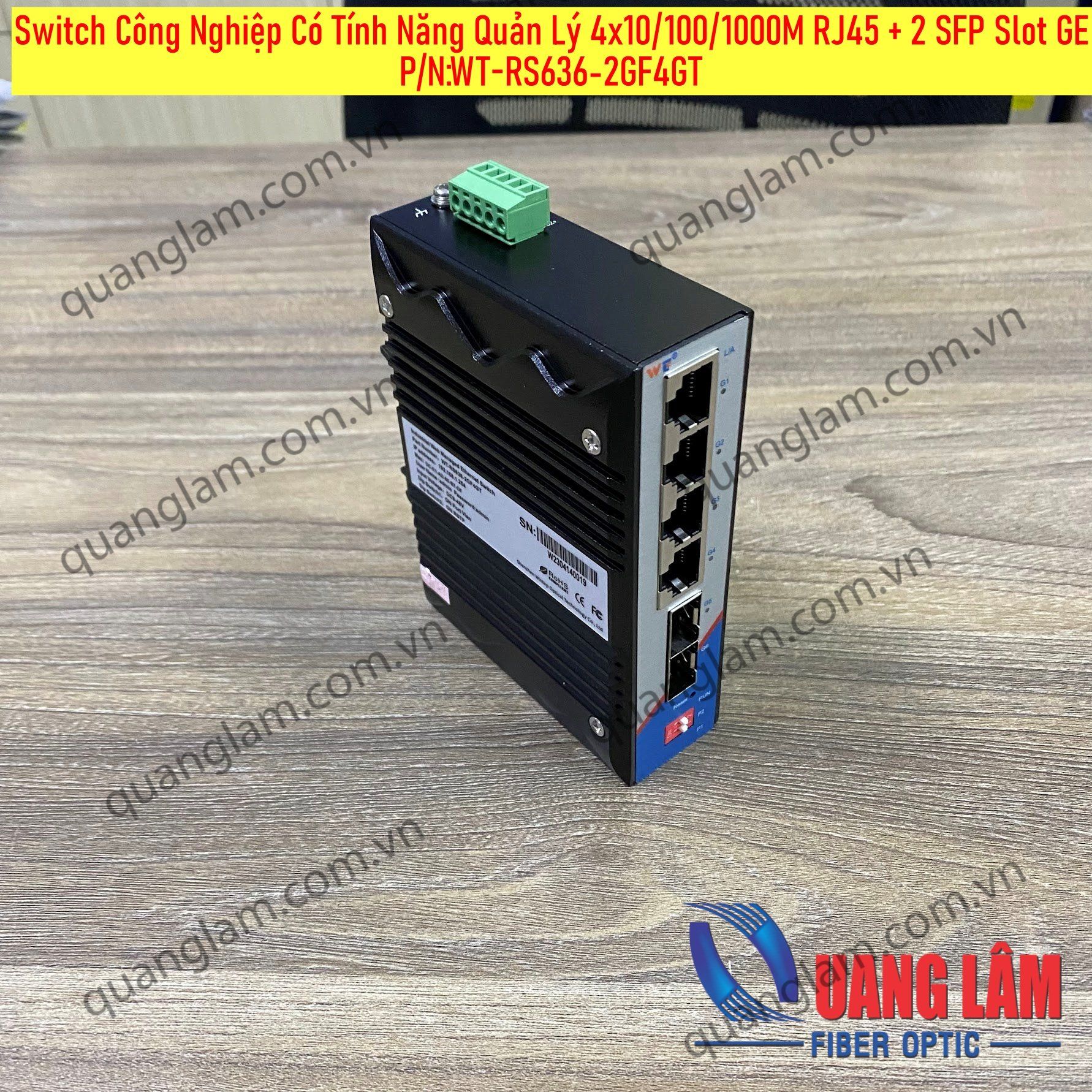 Switch công nghiệp có tính năng quản lý 4x10/100/1000M RJ45 + 2 SFP Slot GE, DIN Rail, Dual DC Power 9-48VDC, P/N: WT-RS636-2GF4GT